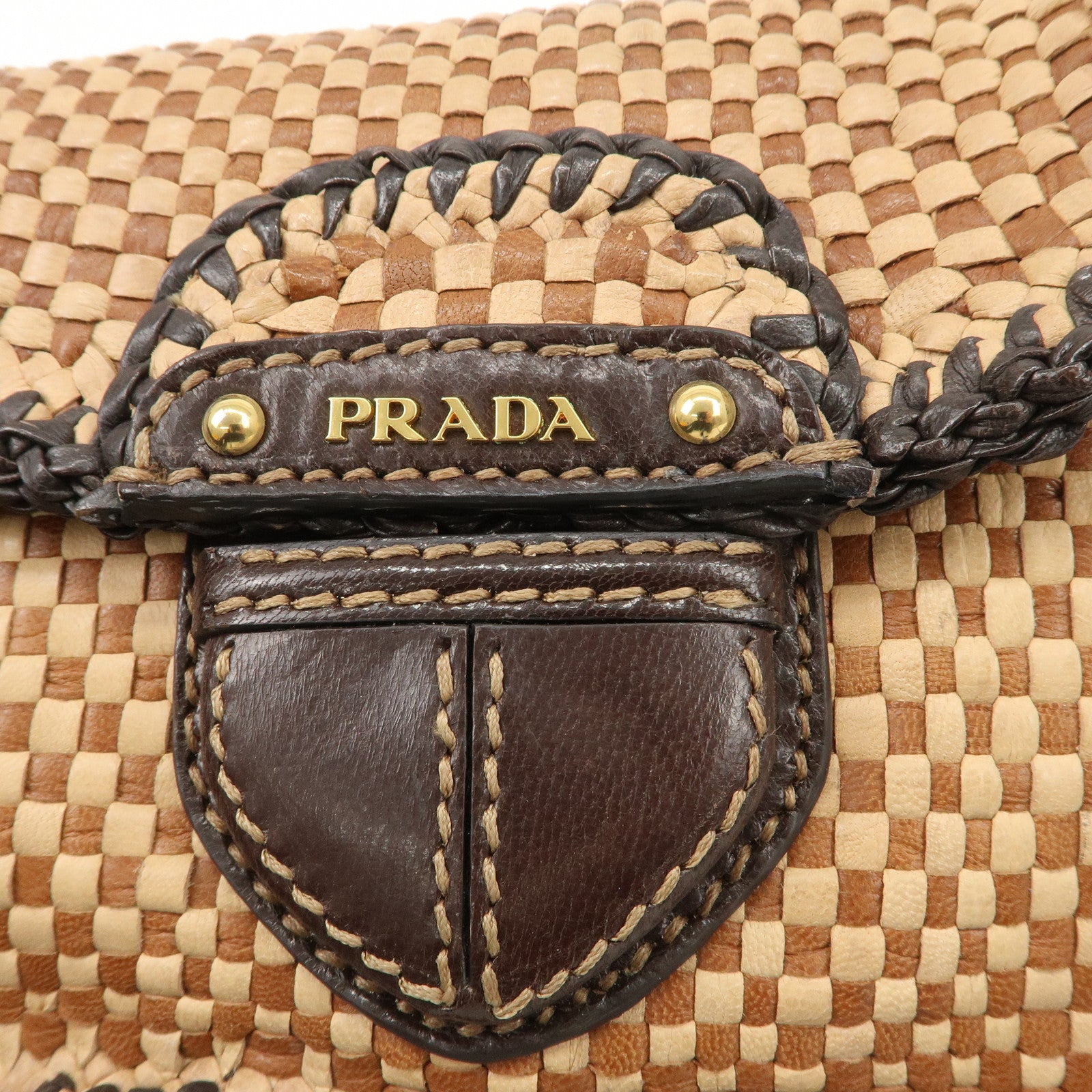 PRADA Madras Leather Shoulder bag Beige Brown BT781V Used