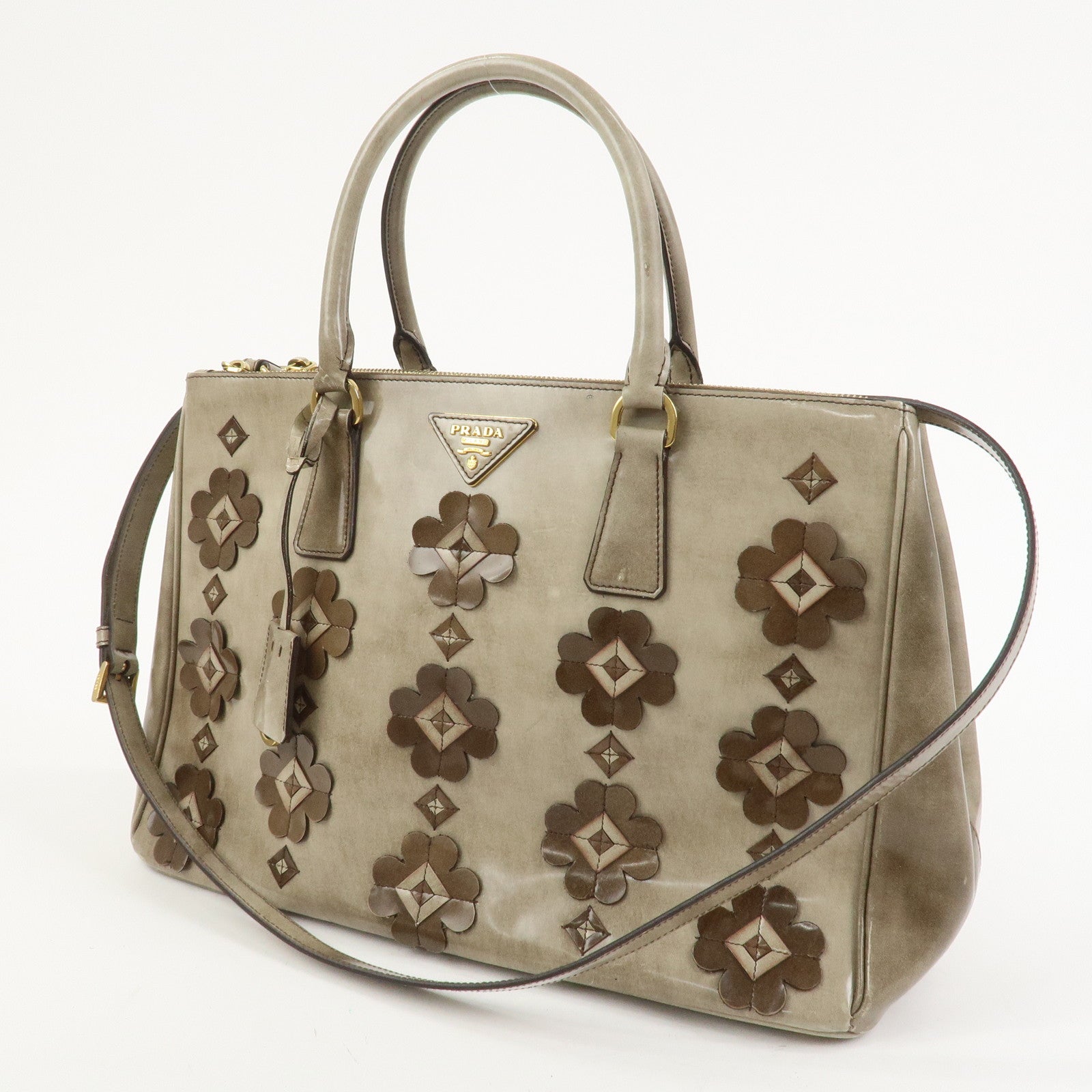 PRADA Patent Leather Flower Galleria 2Way Tote Bag Greige BB2274F