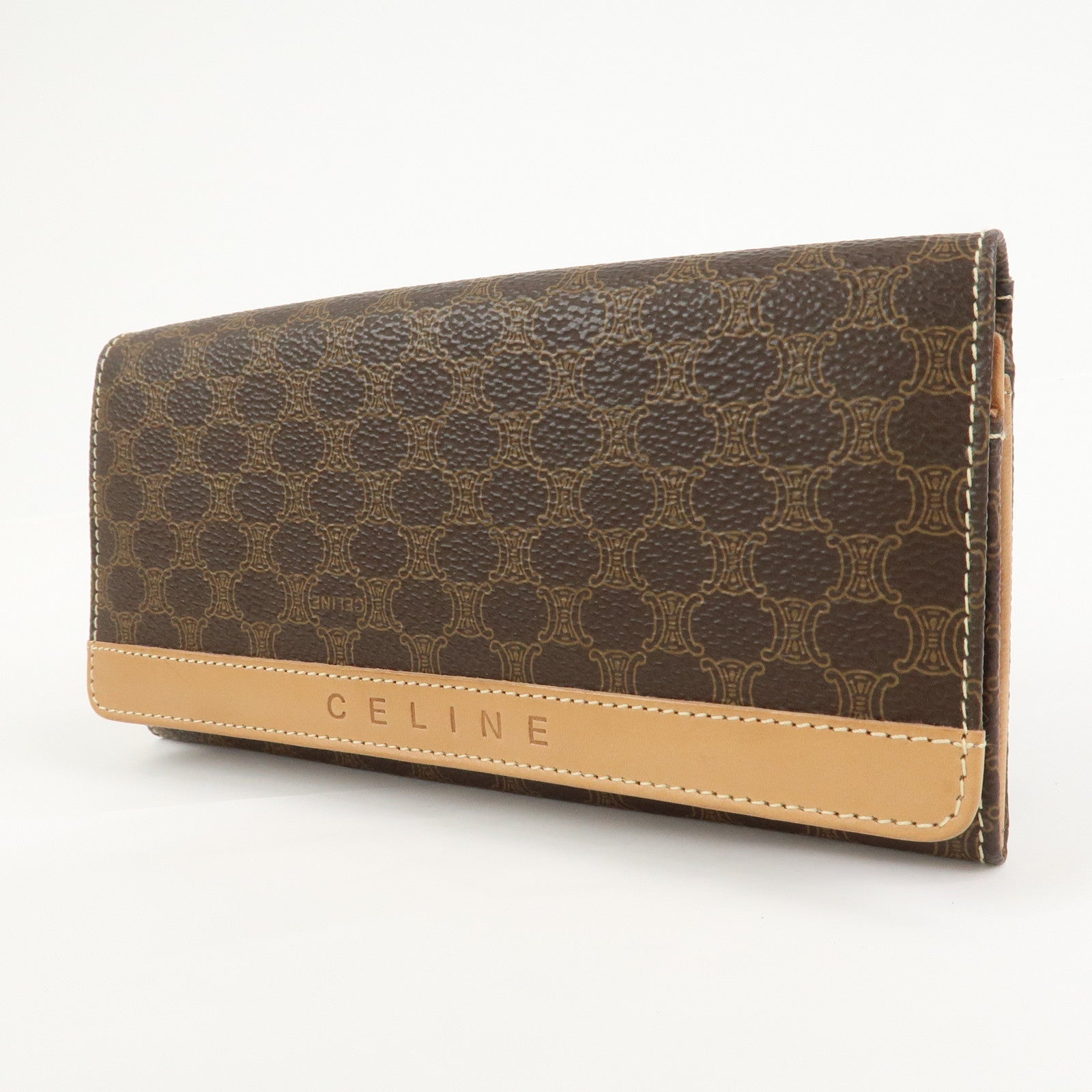 CELINE Macadam PVC Leather Flap Long Wallet Brown Beige