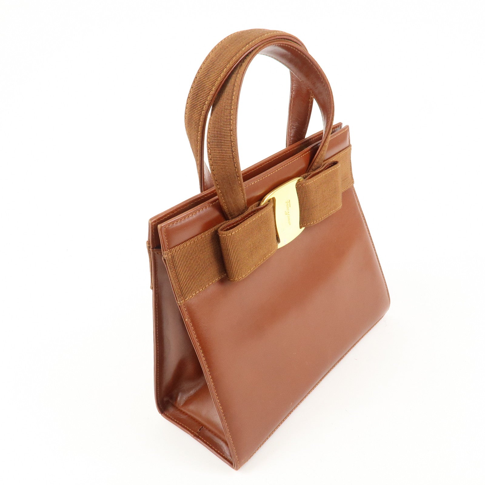Ferragamo Vara Leather Hand Bag Shoulder Bag Brown Used