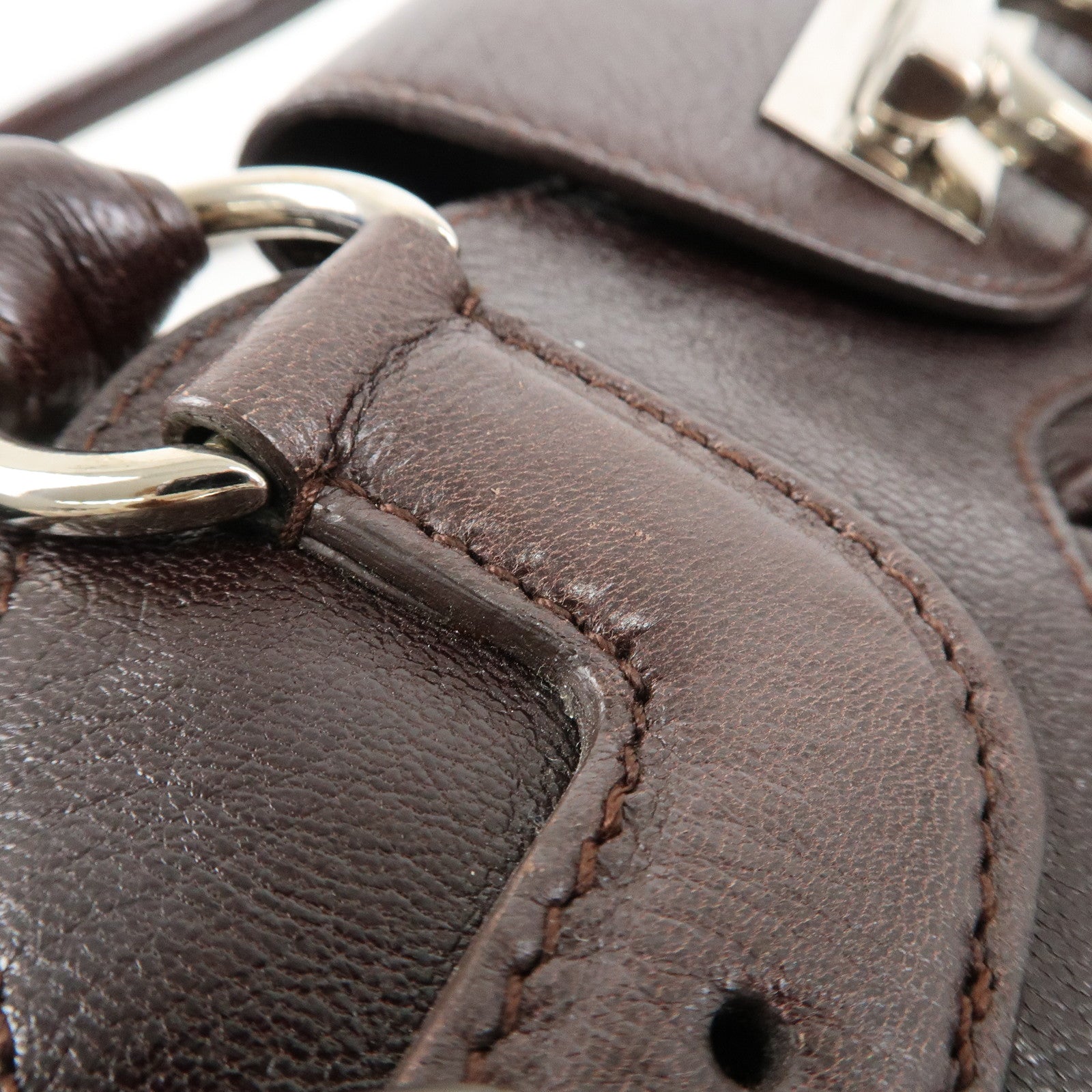 Ferragamo Ganchini Leather Shoulder Bag Hand Bag Dark Brown Used