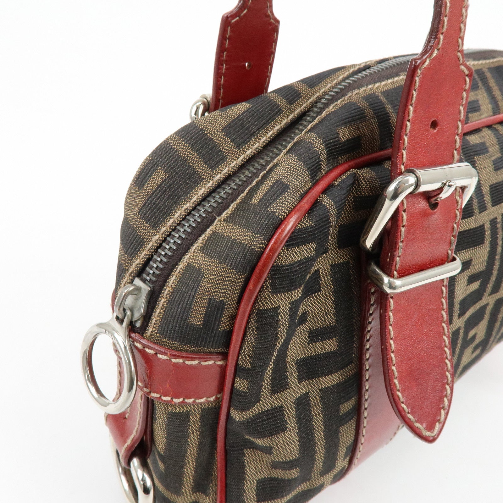 FENDI Zucca Canvas Leather Mini Boston Hand Bag Brown Red 8BR119