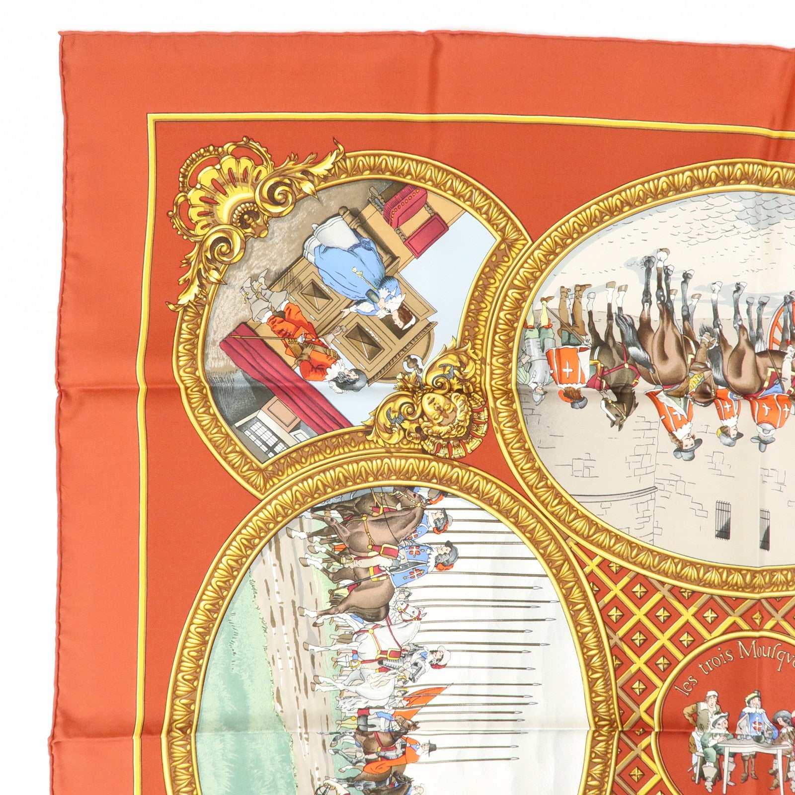 HERMES Carre 90 Silk 100% Scarf Les Trois Mousquetaires Brown Gold