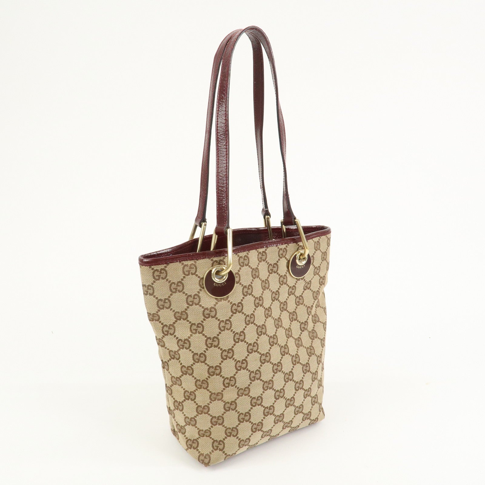 GUCCI GG Canvas Leather Tote Bag Hand Bag Brown Bordeaux 120840