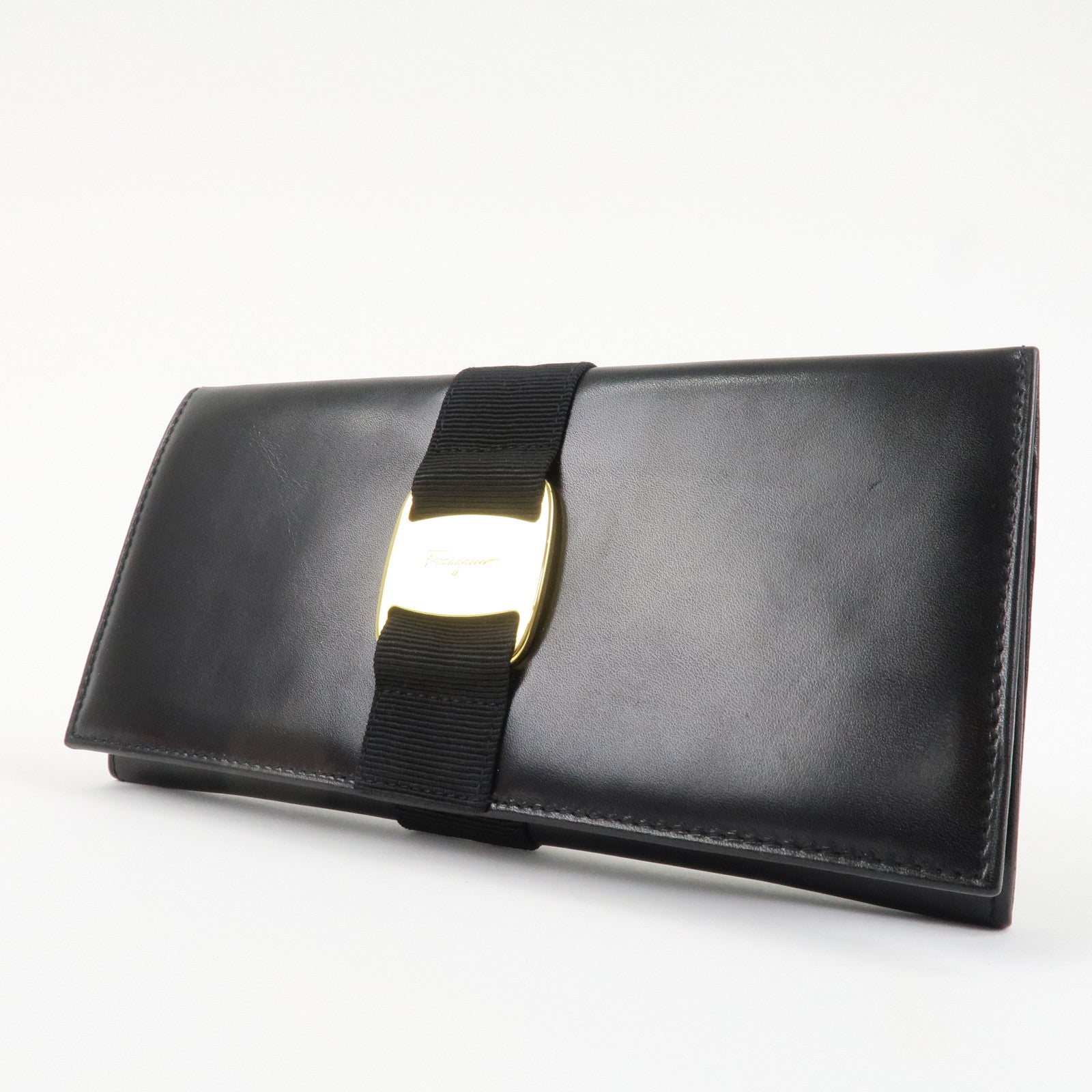 Ferragamo Vara Ribbon Leather Bi-fold Long Wallet Black Gold HDW Used