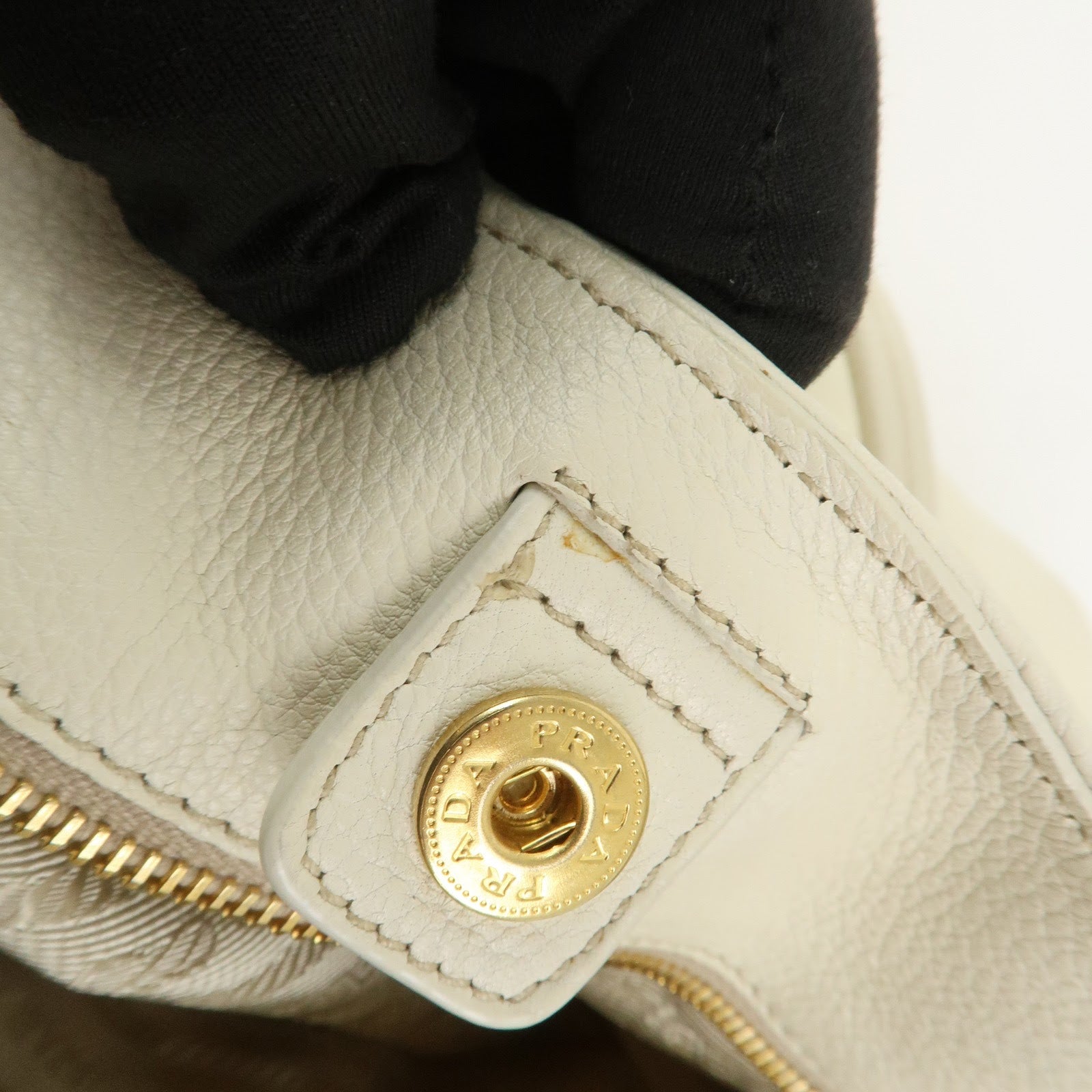 PRADA Logo Leather Shoulder Bag Hand Bag Ivory Gold BR4085