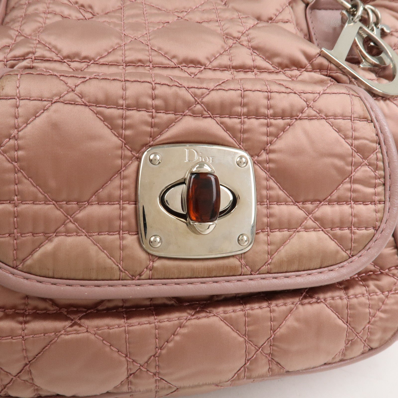 Christian Dior Cannage Nylon Leather Hand Bag Tote Bag Pink