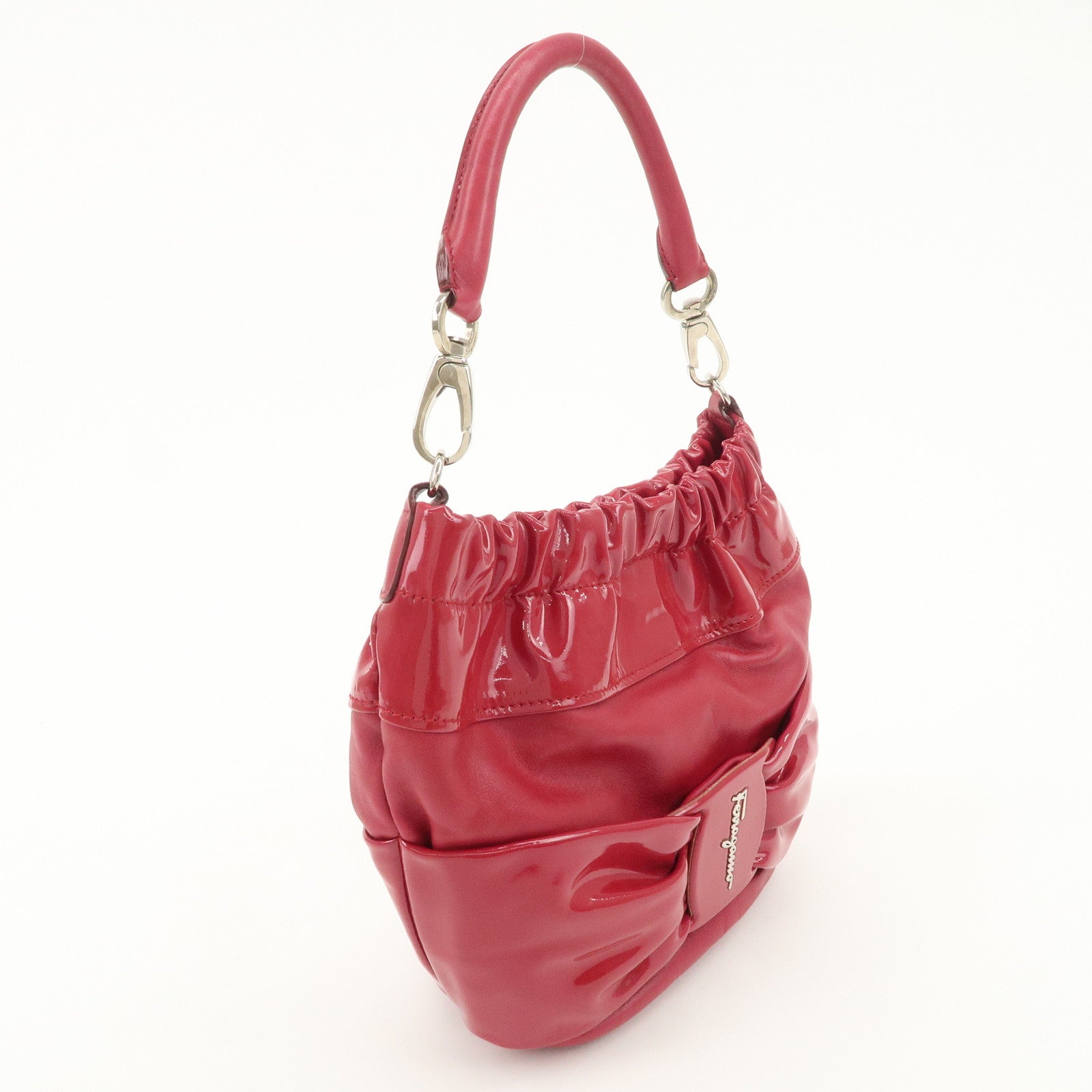 Ferragamo Gancini Varra Ribbon Patent Leather Hand Bag Red
