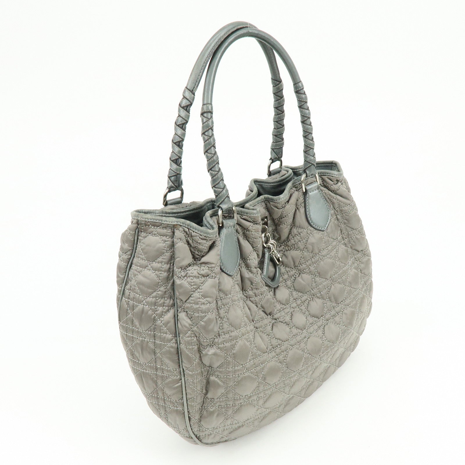 Christian Dior Cannage Nylon Leather Tote Bag Shoulder Bag Gray