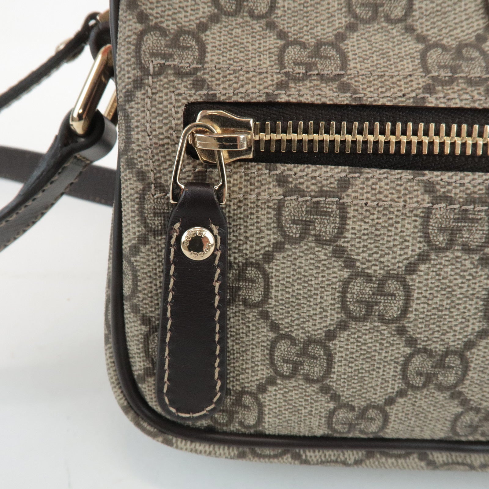 GUCCI GG Supreme Leather Shoulder Bag Beige Dark Brown 201447 Used