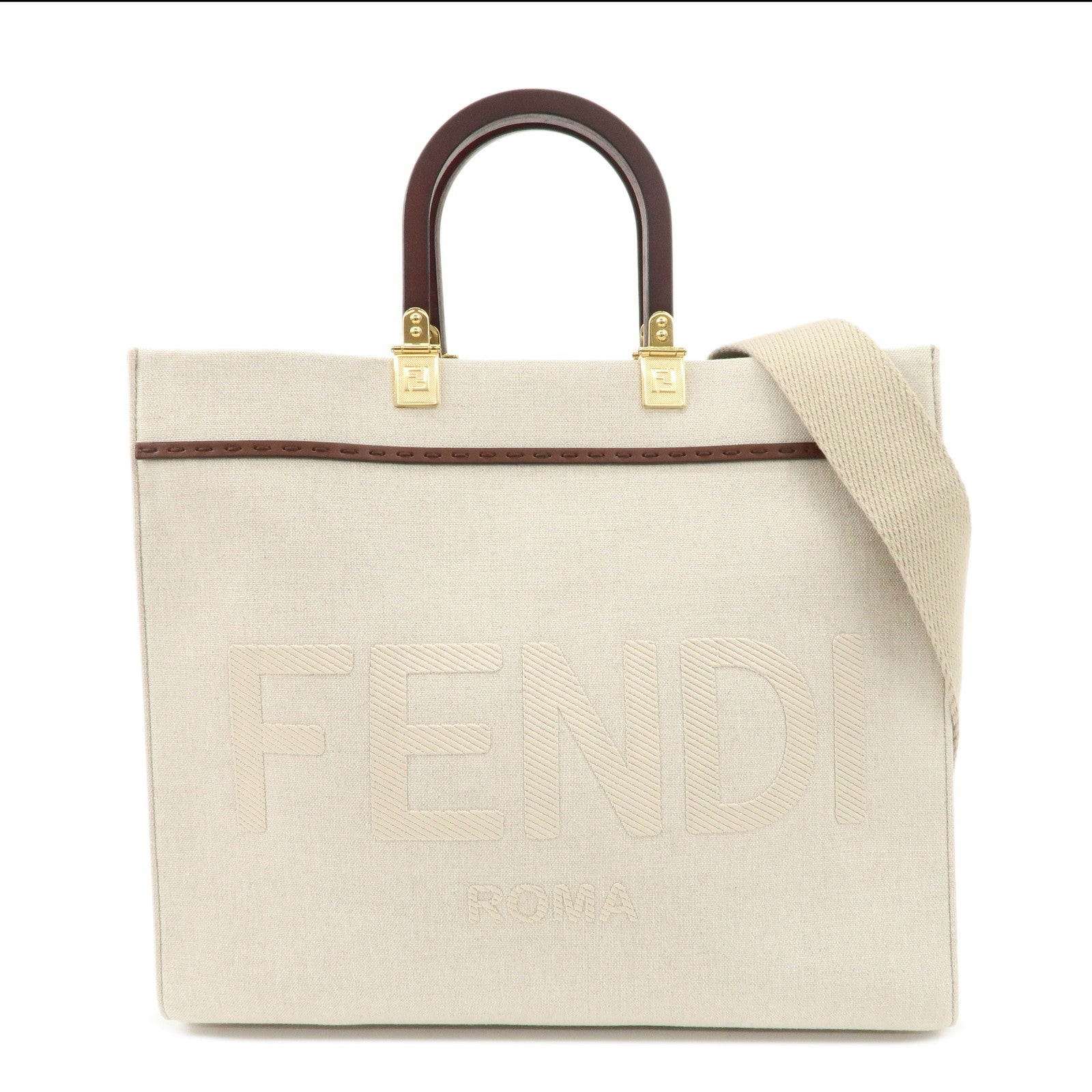 FENDI Leather Canvas Sunshine Medium Tote Bag Natural 8BH386