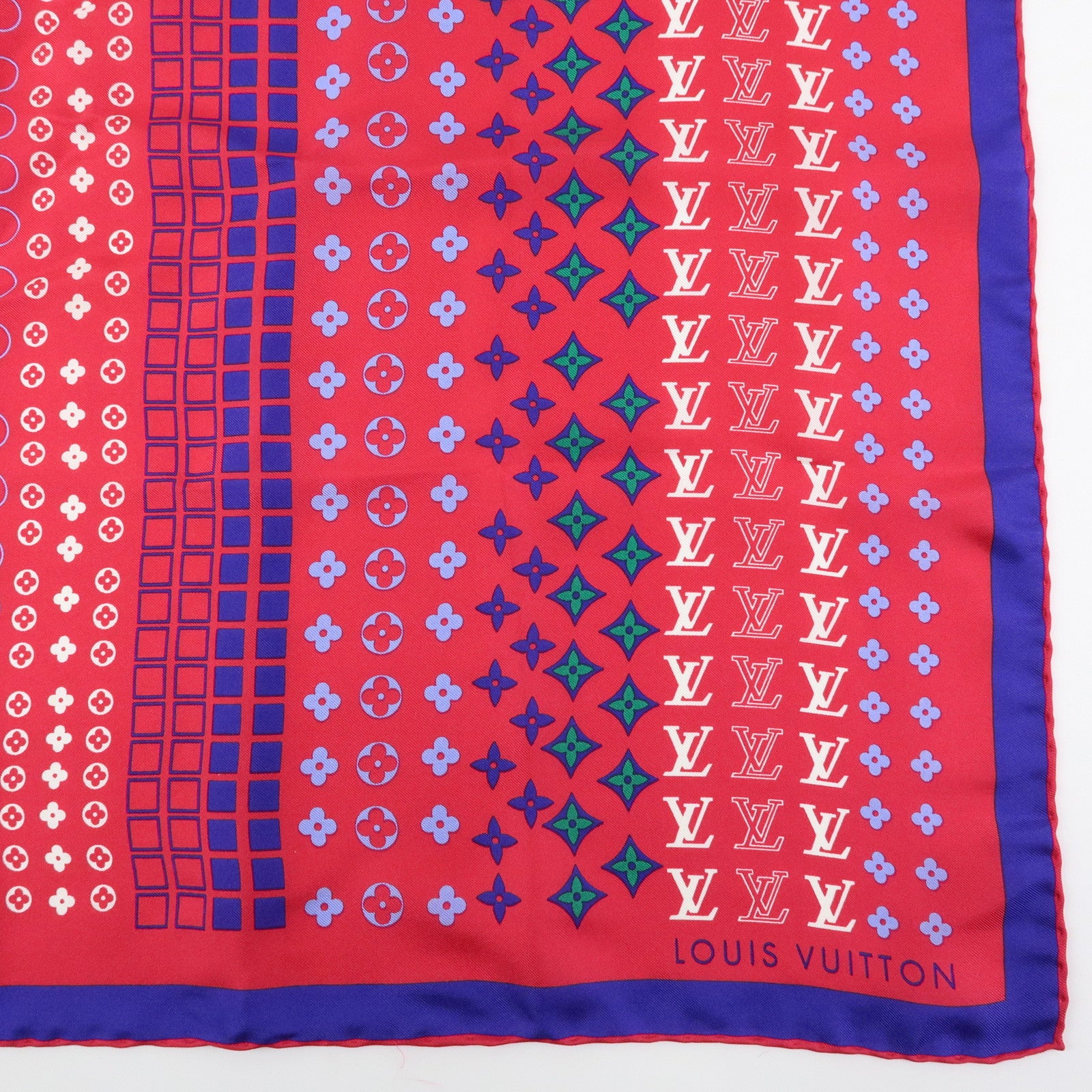 Louis Vuitton Monogram Silk 100% Scarf Geometric Pattern Pink Blue