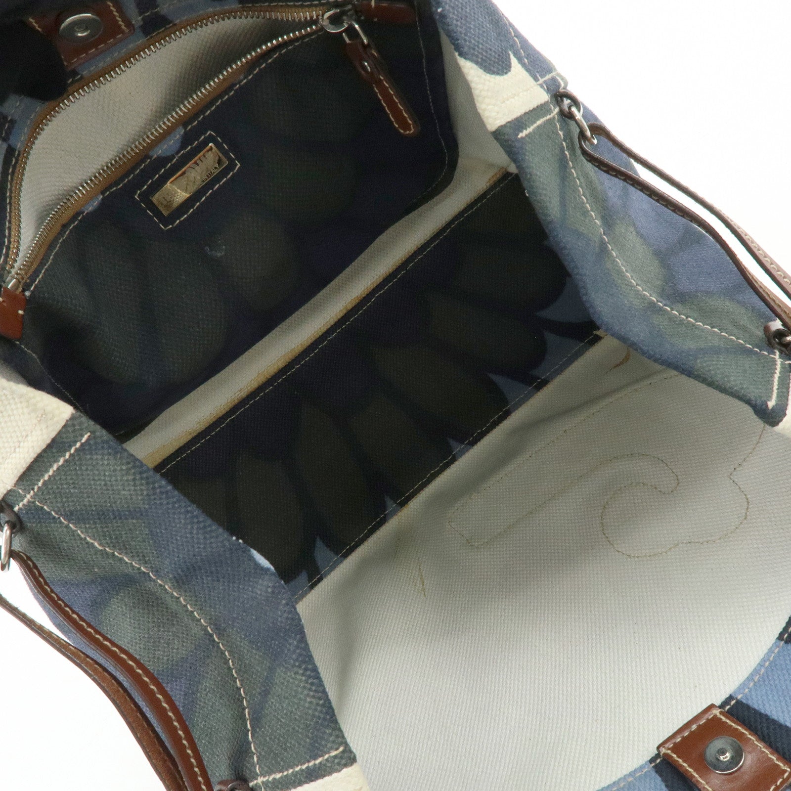MIU MIU Canvas Leather Tote Bag Shoulder Bag Flower Motif Navy