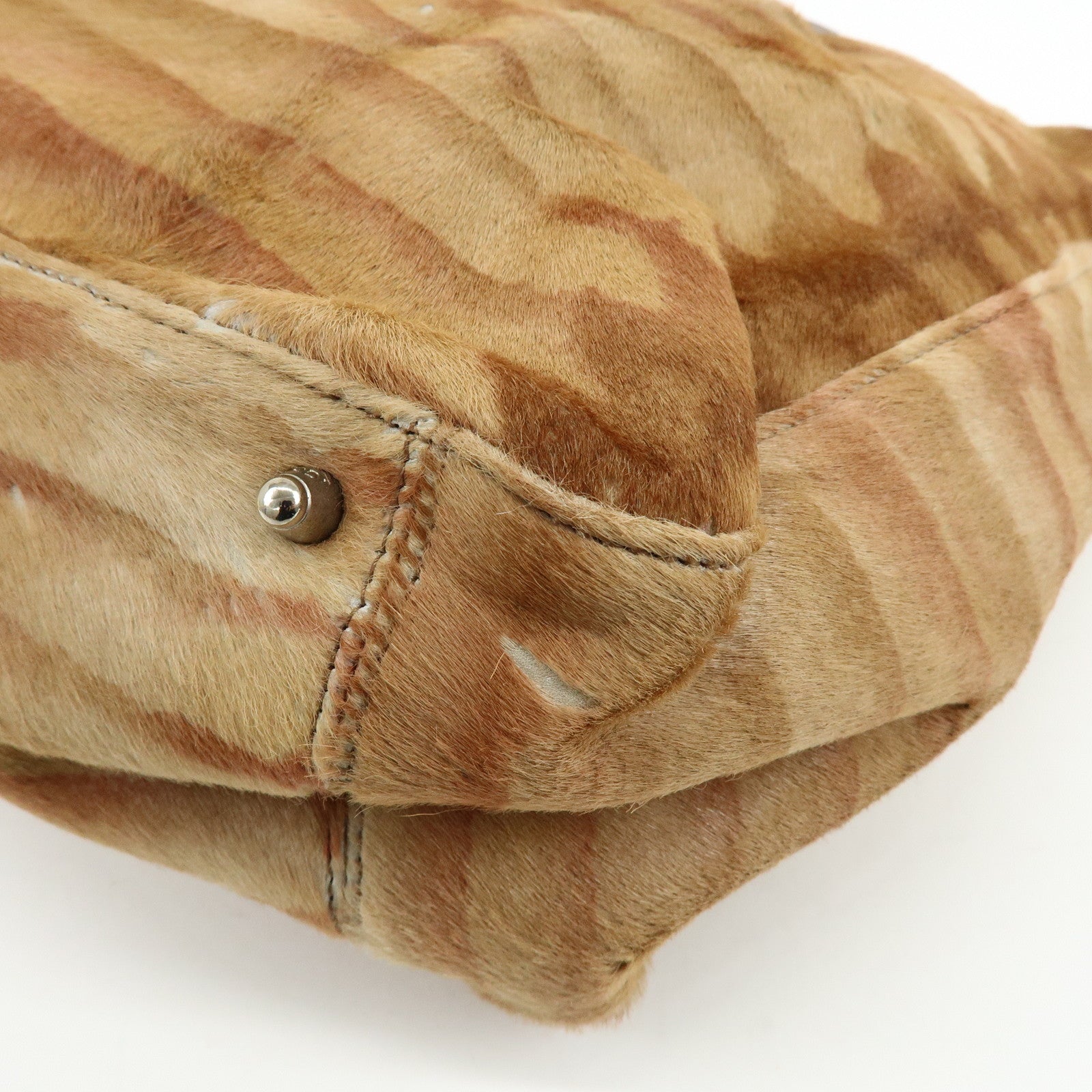 FENDI Calf Hair Leather Animal Pattern Tote Bag Hand Bag Brown