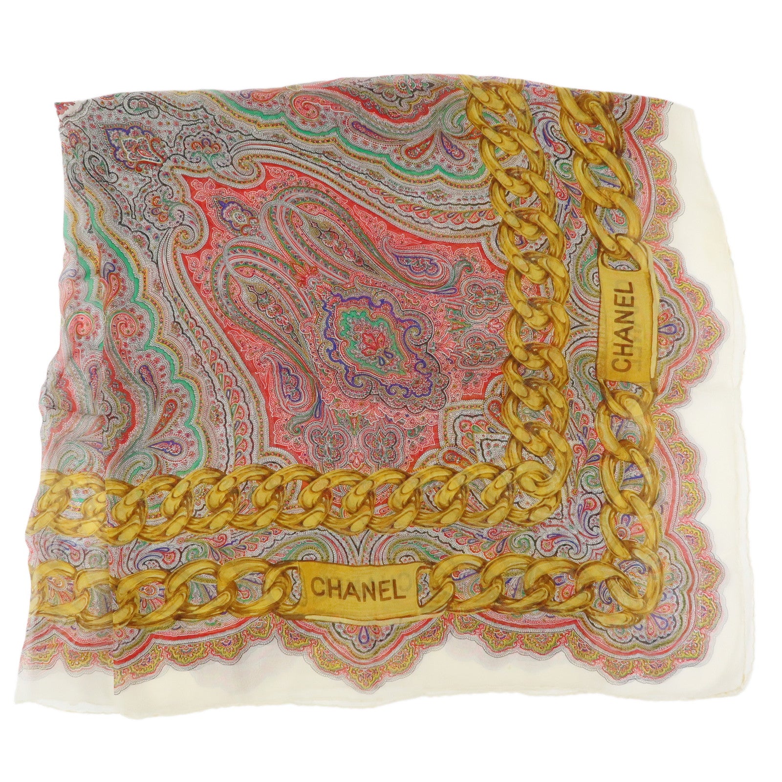 CHANEL Silk 100% Paisley Chain Pattern Scarf Gold Red