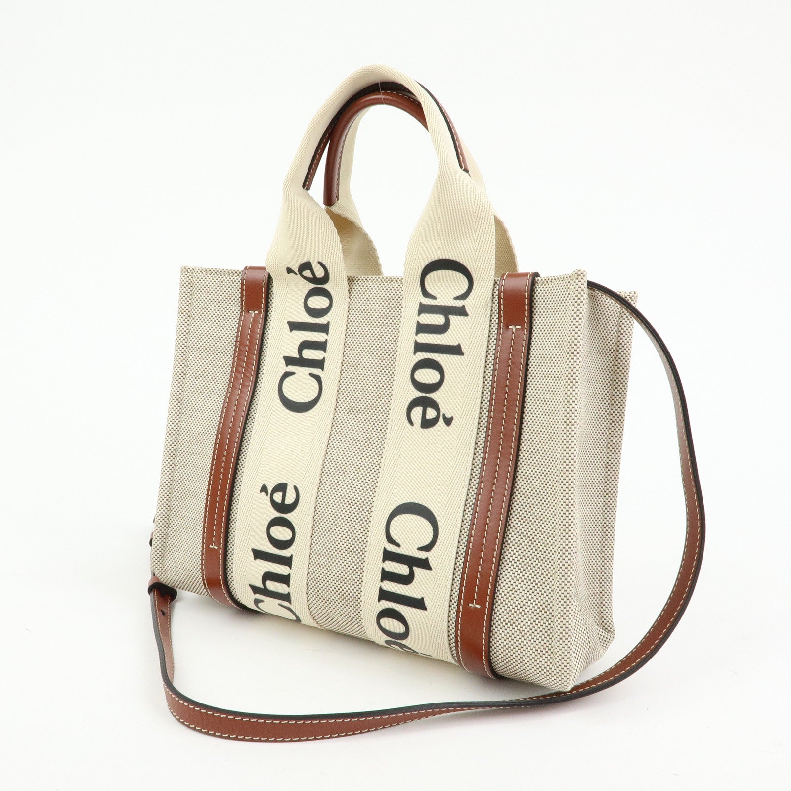 Chloe Woody Canvas Leather 2Way Bag Shoulder Bag Natural Brown