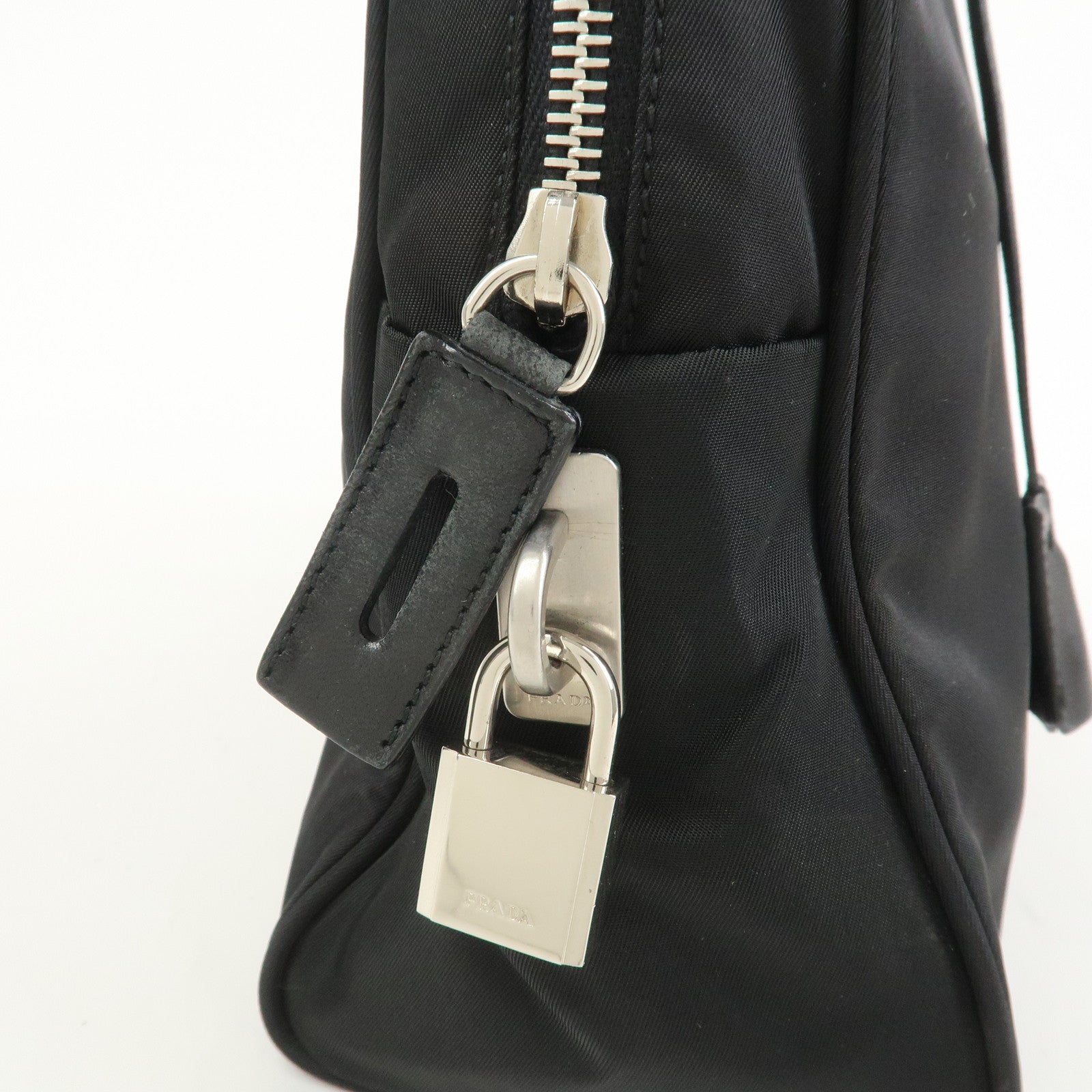 PRADA Triangle Logo Nylon Leather Hand Bag Black BN0531