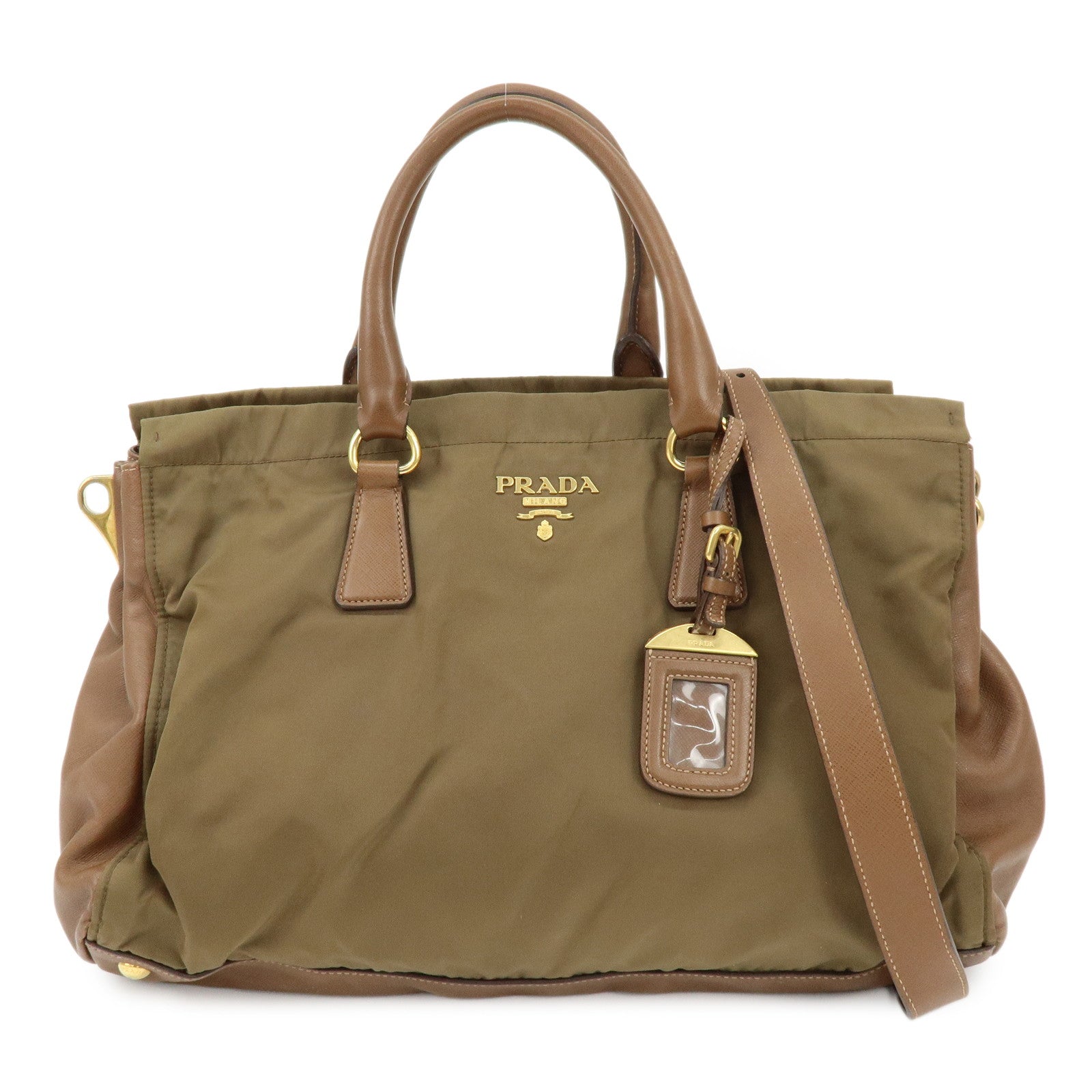 PRADA Triangle Logo Nylon Saffiano Leather 2Way Bag Khaki Brown
