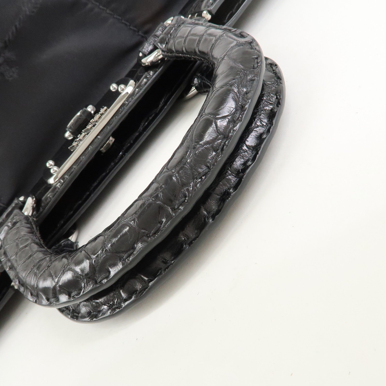 PRADA Triangle Logo Nylon Embossed Leather Hand Bag Black