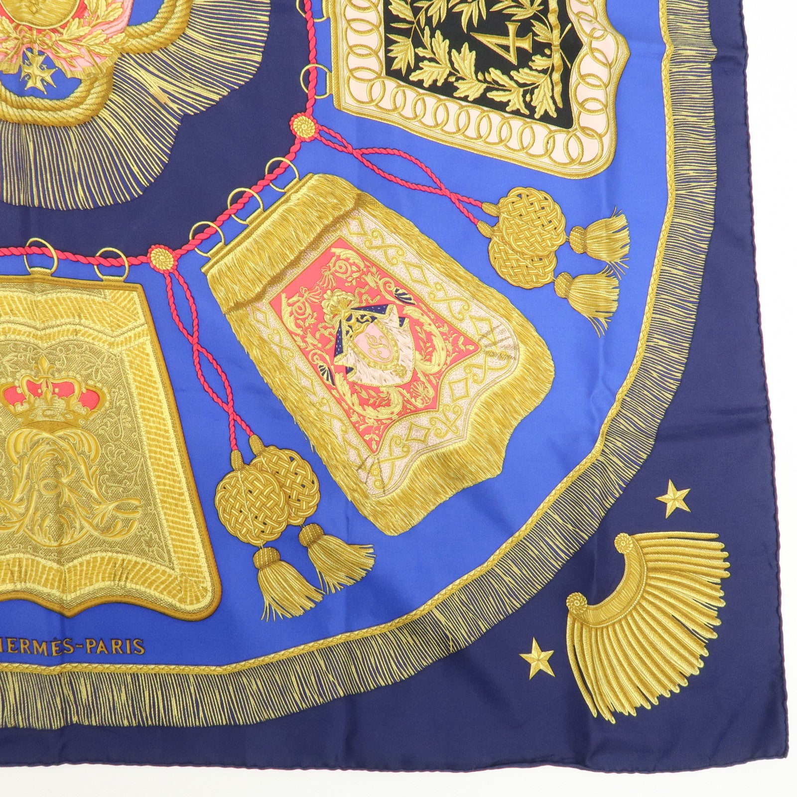 HERMES Carre 90 Silk 100% Paste et Bavalerie Scarf Blue Gold