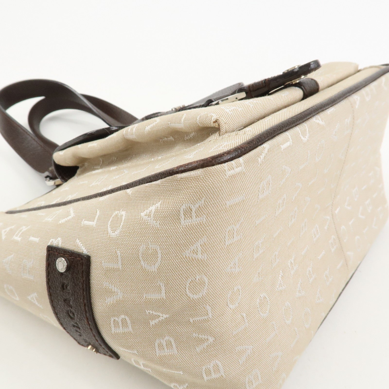 BVLGARI Logo Mania Canvas Leather Tote Bag Hand Bag Beige Brown