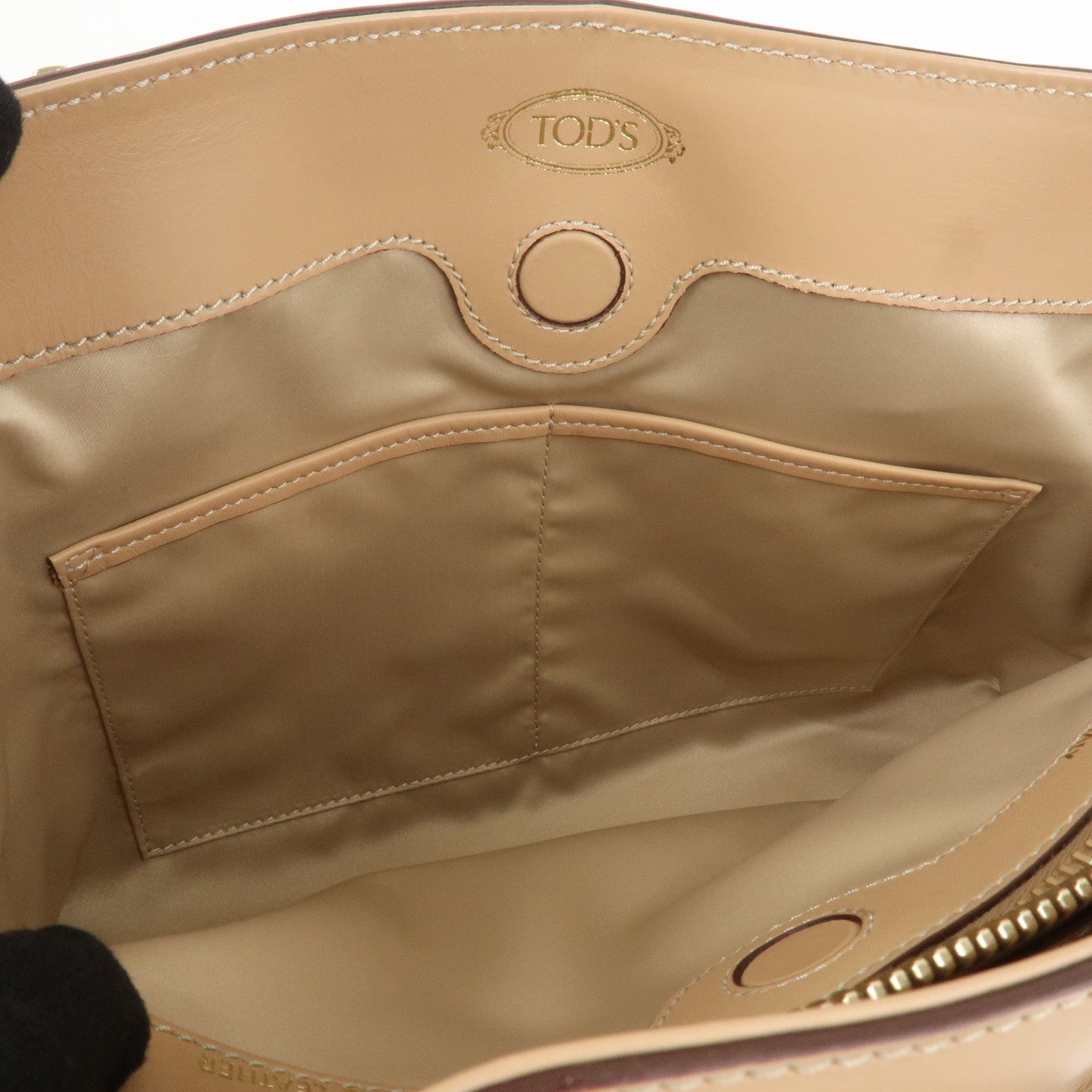 TOD’S Leather 2Way Bag Hand Bag Shoulder Bag Beige Gold