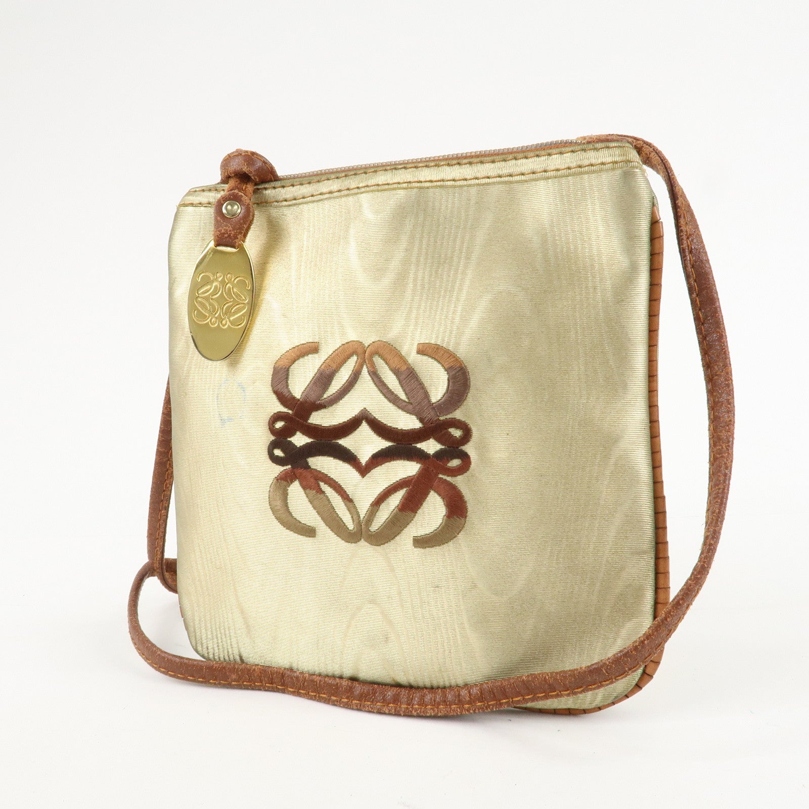 LOEWE Anagram Leather Canvas Shoulder Bag Crossbody Bag Beige Brown Used