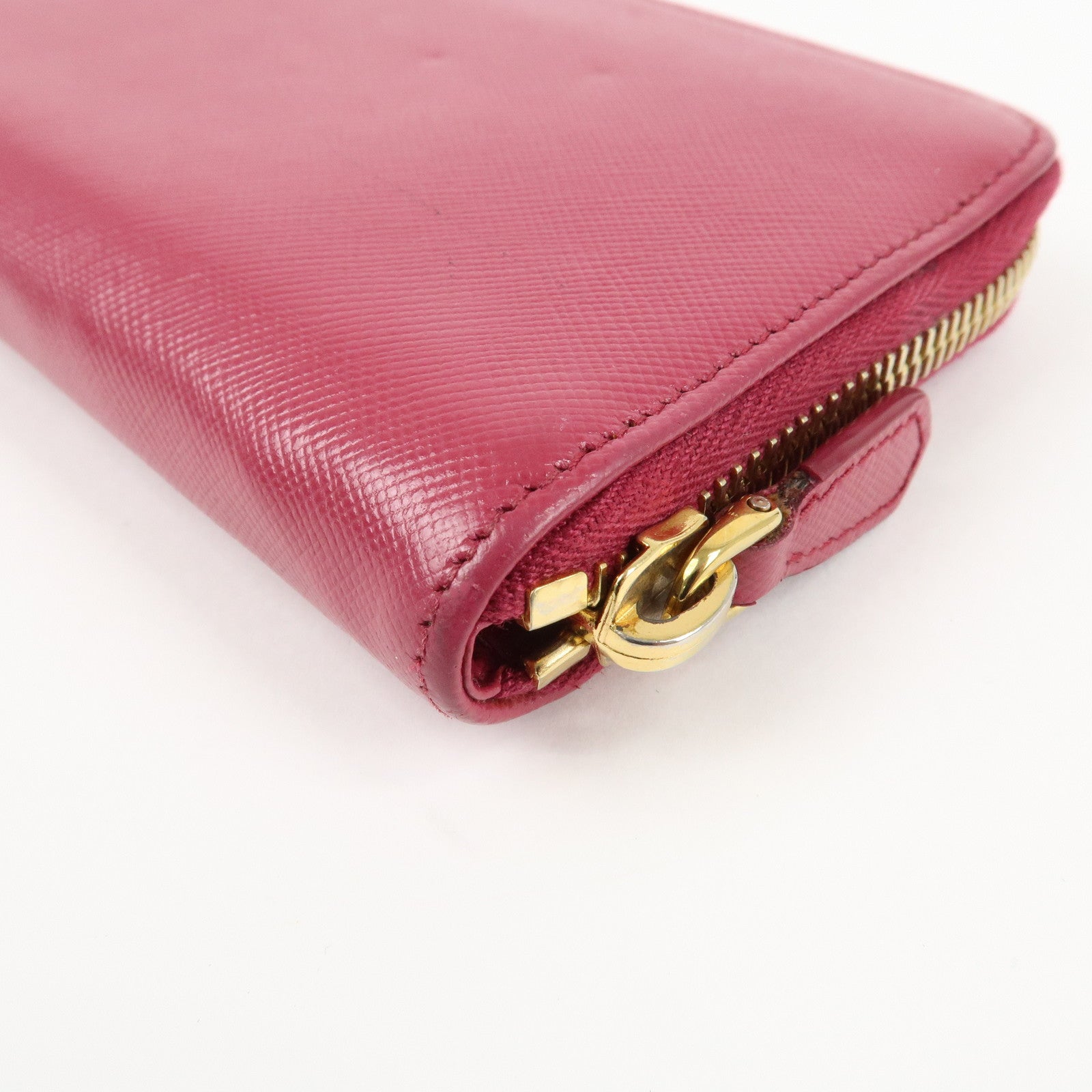 PRADA Logo Leather Round Zippy Wallet Pink Gold Hardware Used