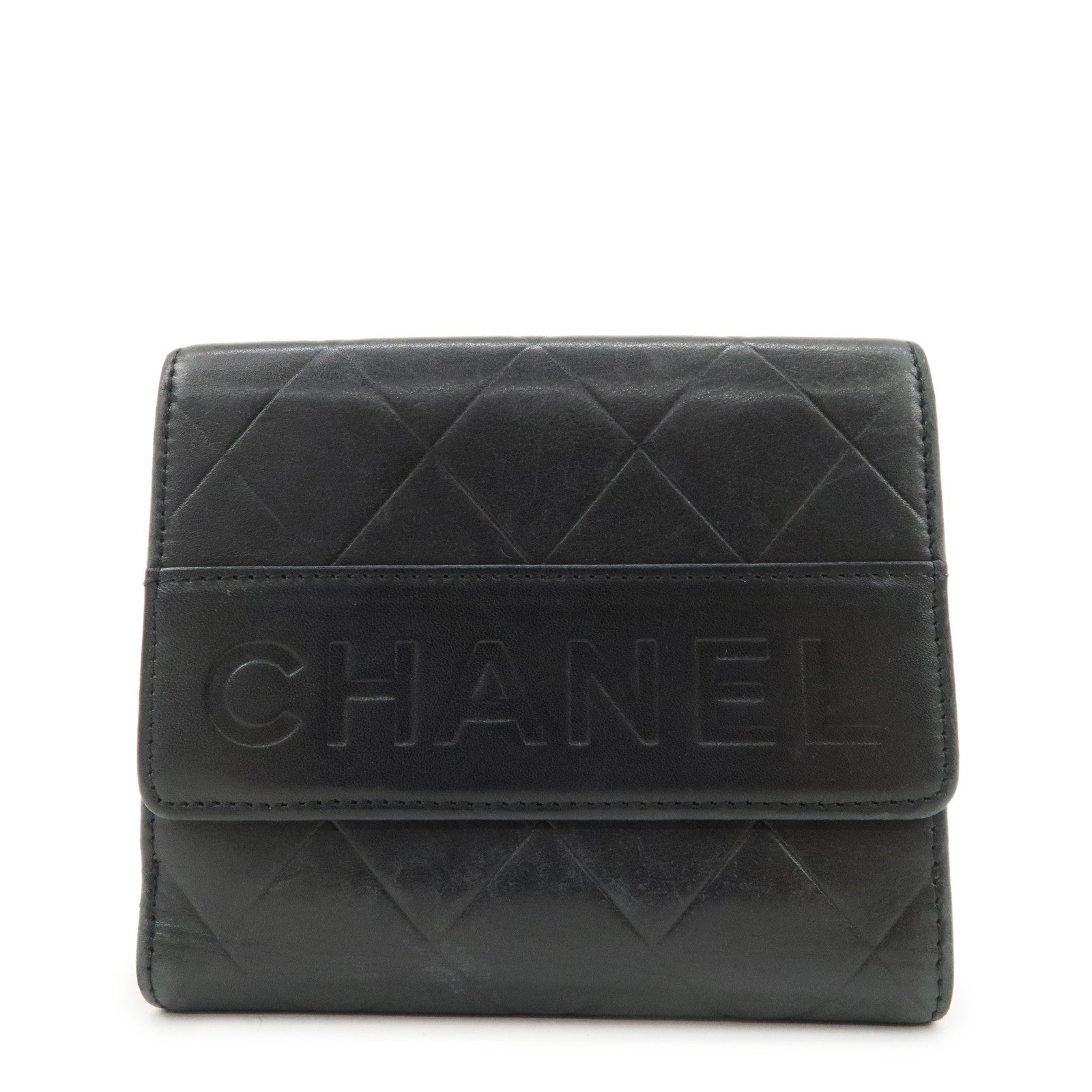 CHANEL Logo Matelasse Lamb Skin Bi-fold Wallet Black