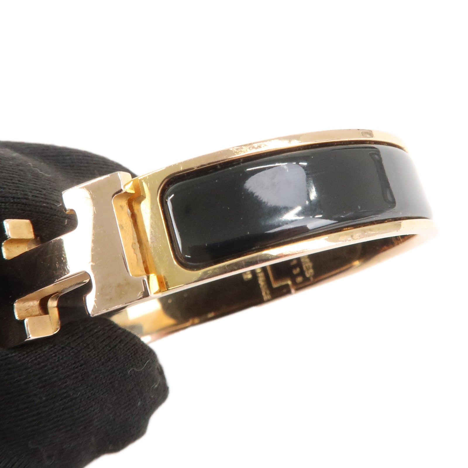 HERMES Clic Clac PM H Logo Bangle Bracelet Gold Black Used