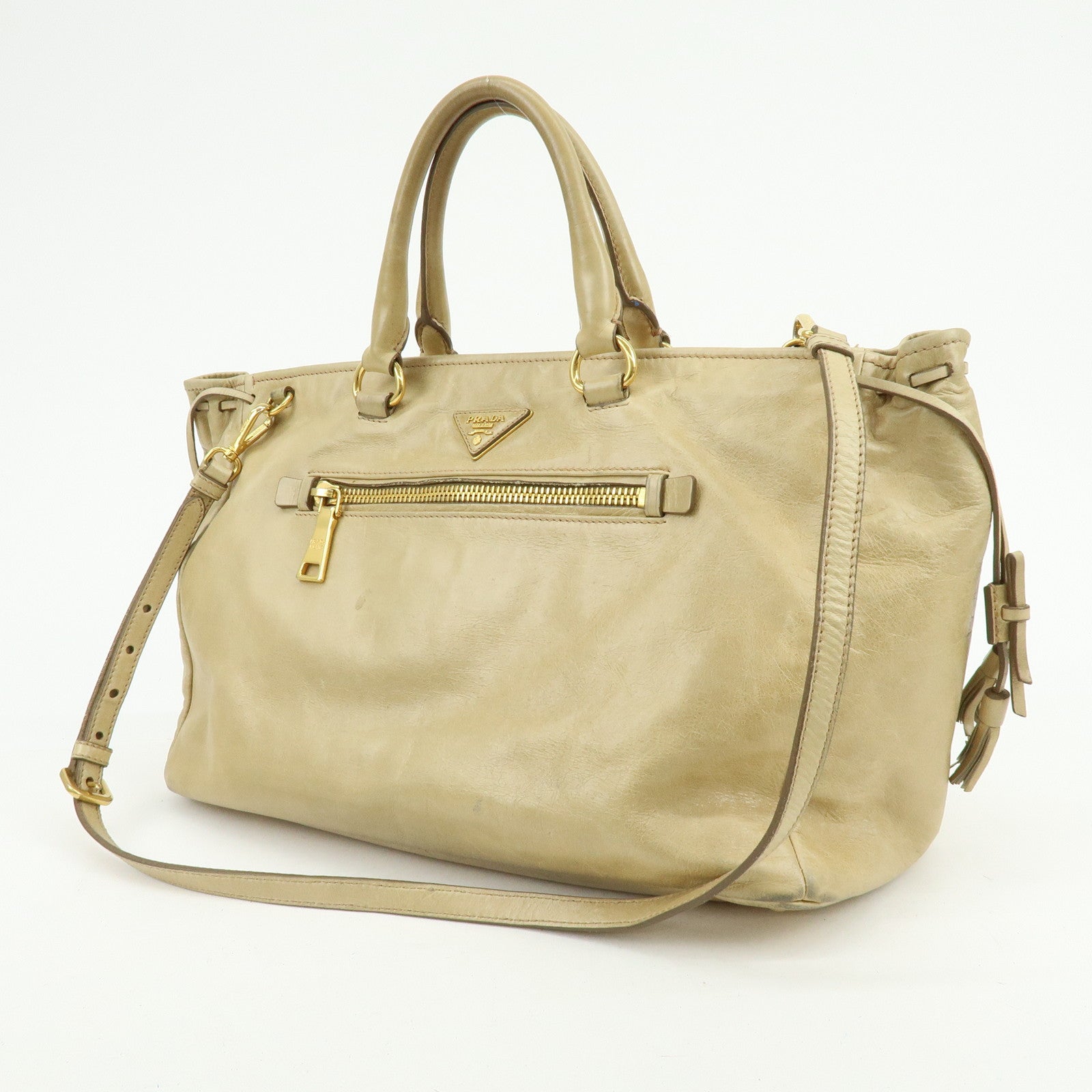 PRADA Logo Leather 2Way Shoulder Bag Hand Bag BN1921 Beige