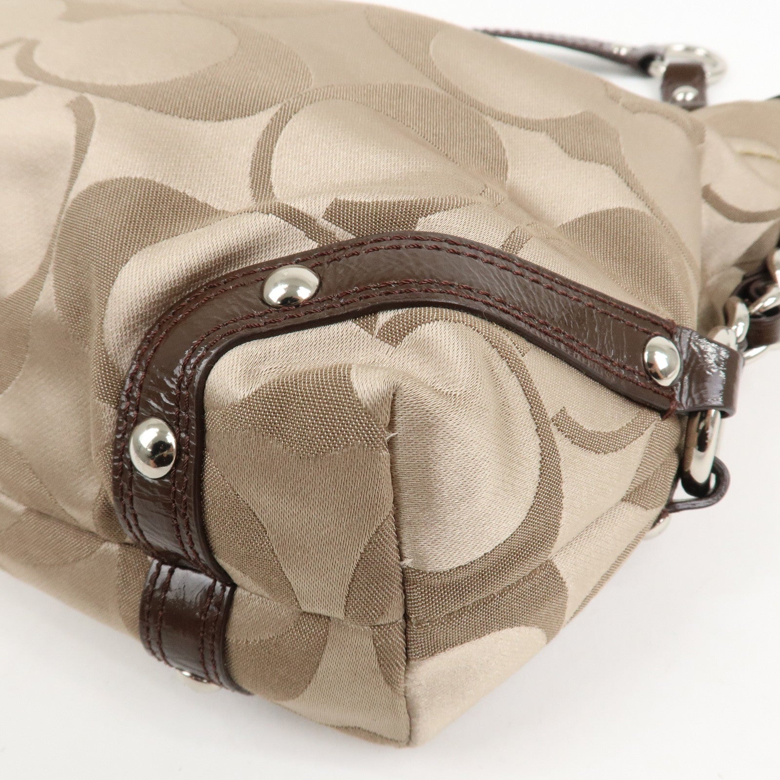 COACH Leather Satin Shoulder Bag Beige Brown F15250