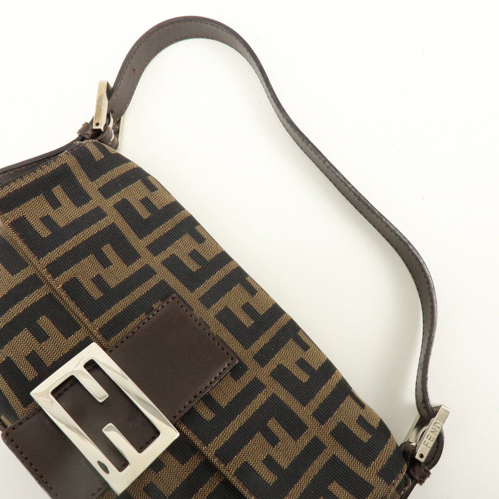 FENDI Mamma Baguette Zucca Canvas Leather Shoulder Bag Brown 8BR000