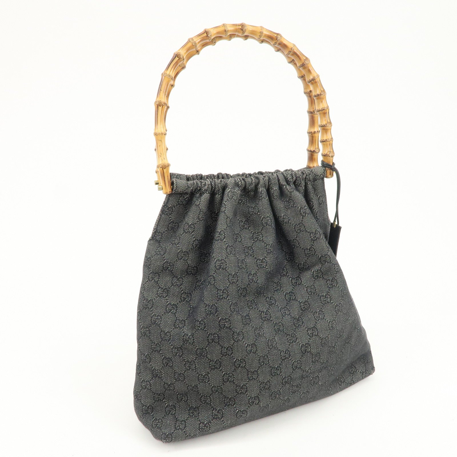 GUCCI Bamboo GG Monogram Denim Shoulder Bag Hand Bag Black 92709