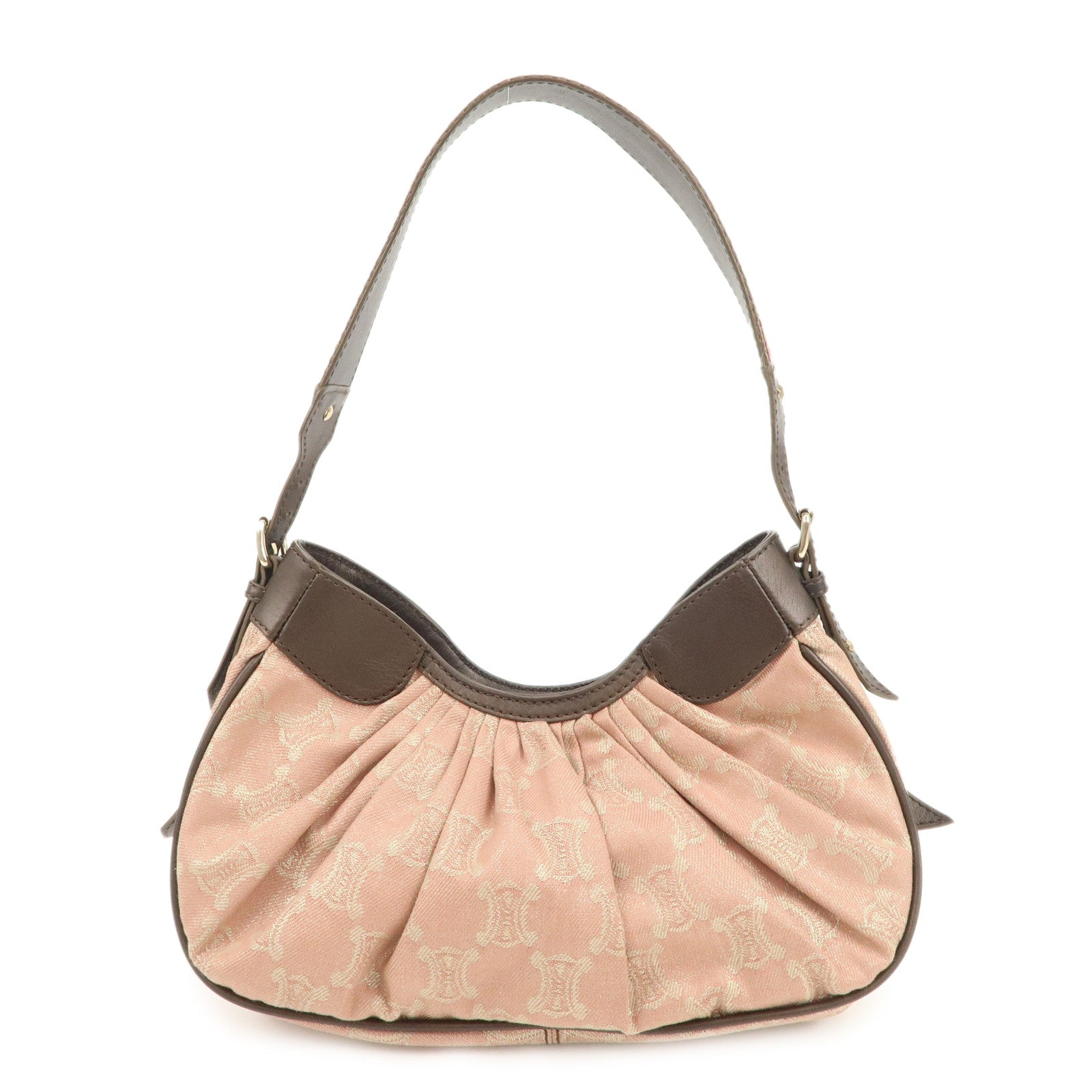 CELINE Macadam Canvas Leather Nylon Velour Shoulder Bag Pink Brown