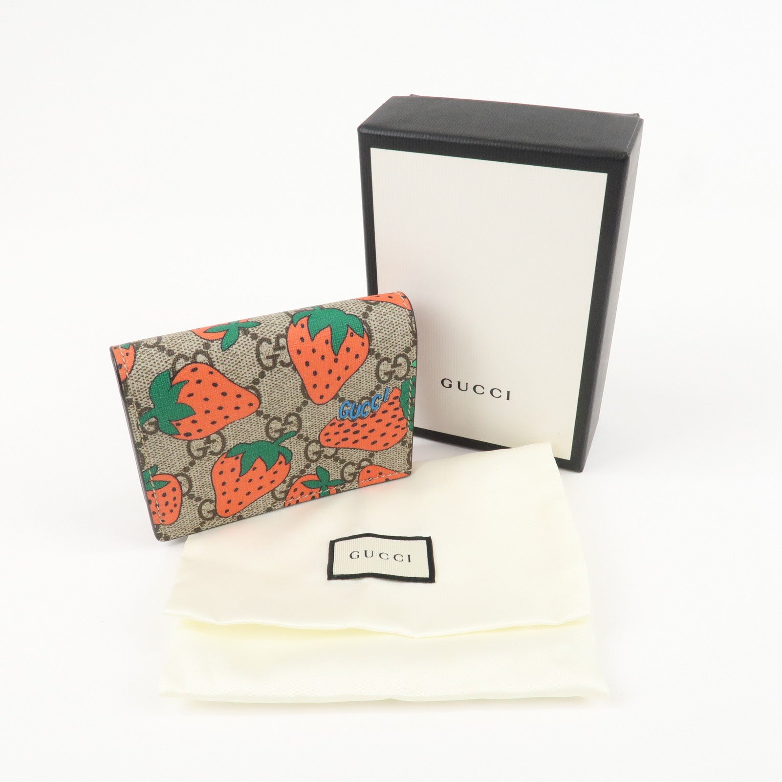 GUCCI GG Supreme Leather Strawberry Print Bi-fold Wallet 573839 Used