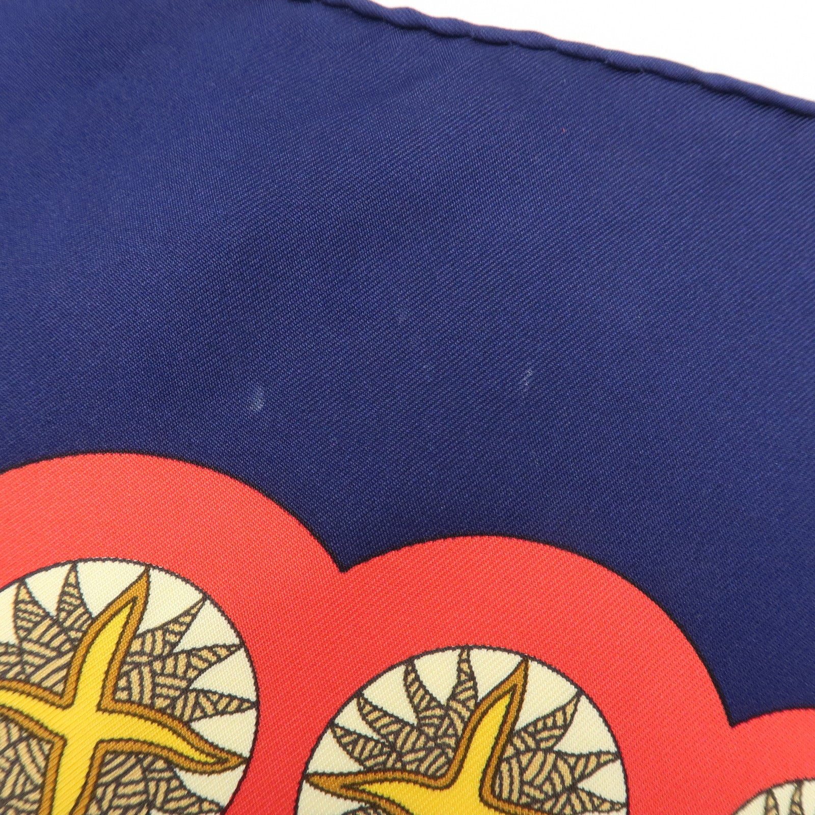HERMES Pleats Carre Silk 100% Scarf Le Roy Soleil Navy Red Used