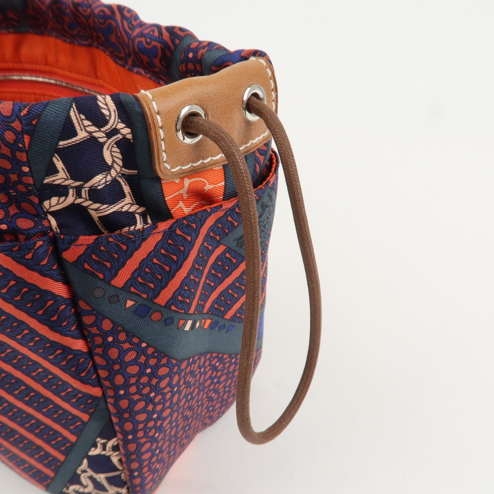 HERMES Fourbi 25 Silk Leather Drawstring Hand Bag Pouch Orange Navy