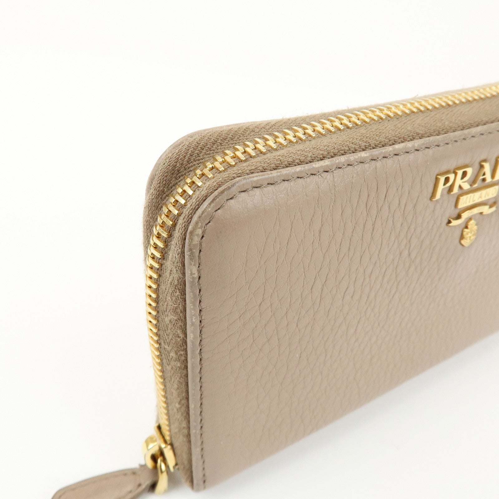PRADA Calf Leather Compact Round Zippy Wallet Beige Gold