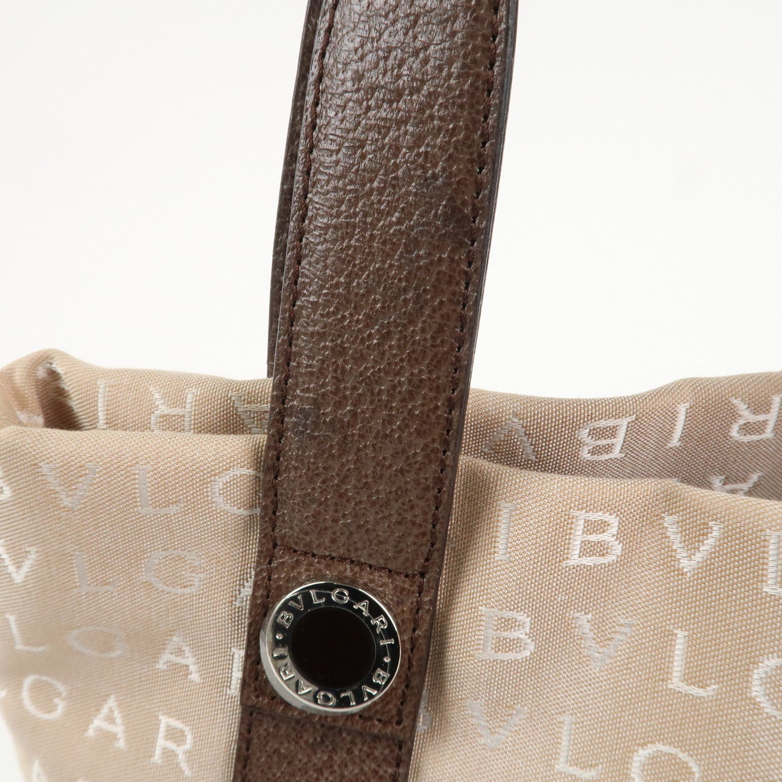BVLGARI Logo Mania Canvas Leather Tote Bag Beige Dark Brown Silver HDW Used