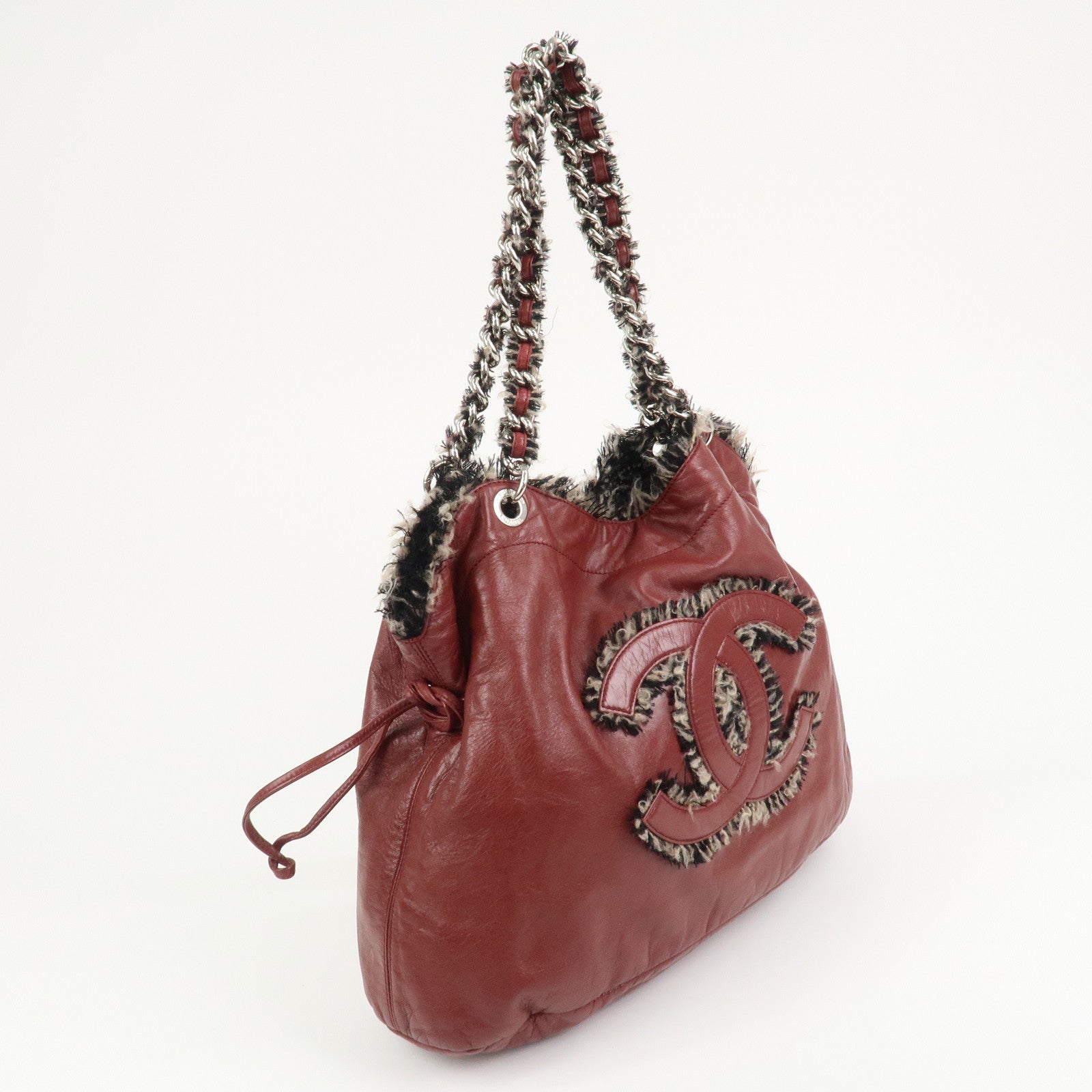 CHANEL Leather Tweed Chain Shoulder Tote Bag Bordeaux A49559