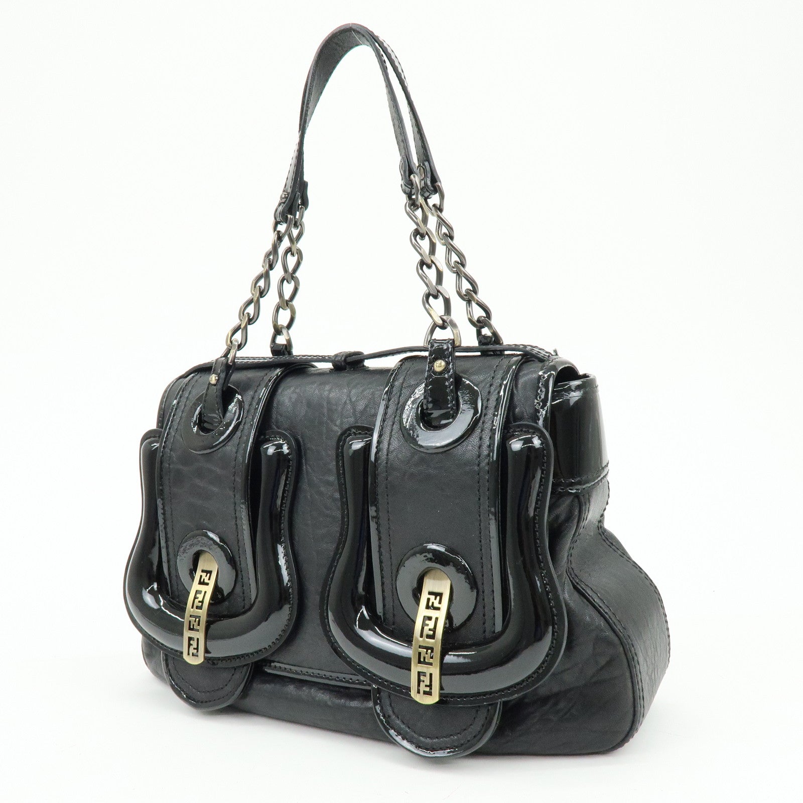 FENDI Patent Leather Chain Shoulder Bag Hand Bag Black 8BN165