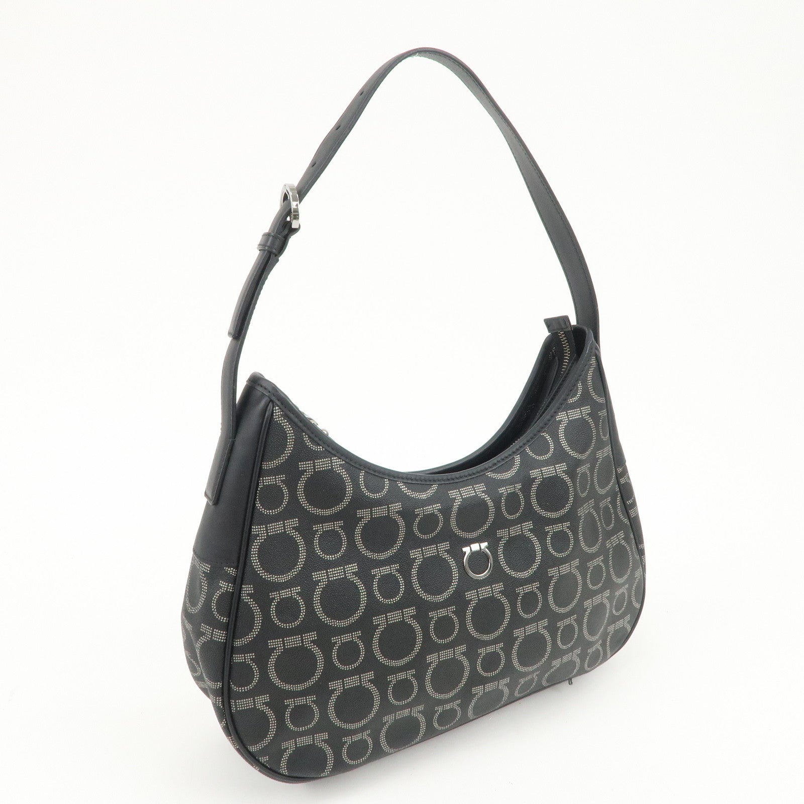 Ferragamo Gancini Logo PVC Leather Shoulder Bag Hand Bag Black