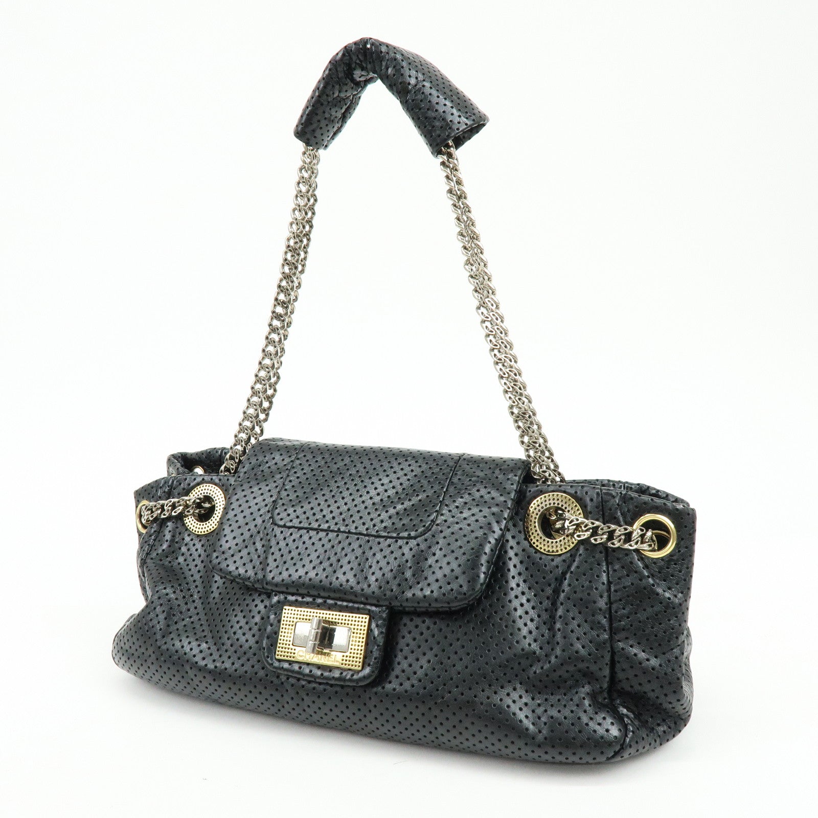 CHANEL 2.55 Punching Calf Leather Chain Shoulder Bag Black