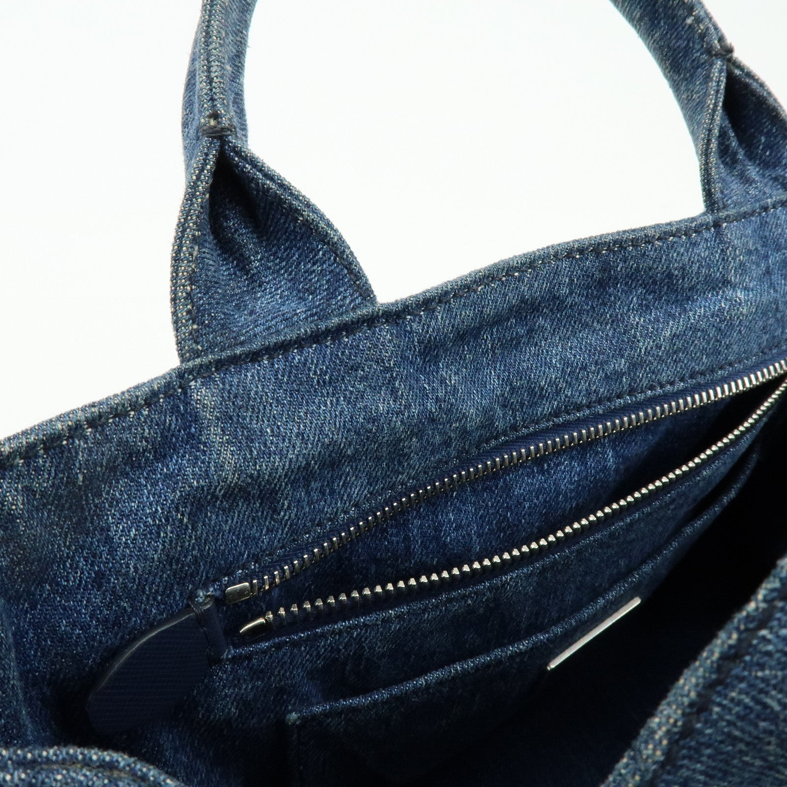 PRADA Canapa Mini Triangle Logo Denim 2Way Tote Shoulder Bag B2439O