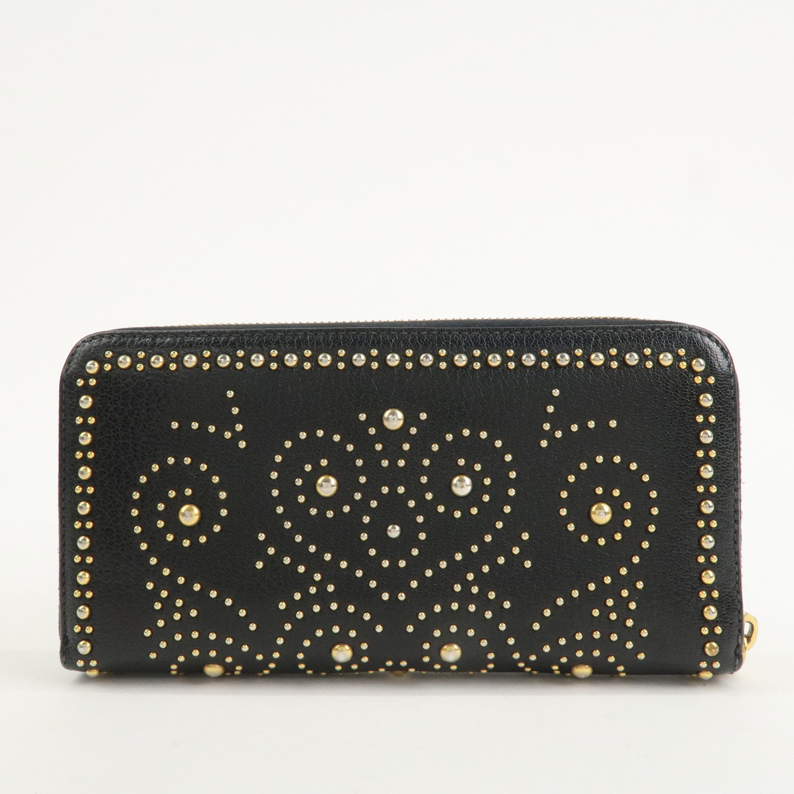 MIU MIU Leather Studs Round Zippy Long Wallet Black 5ML506 Used