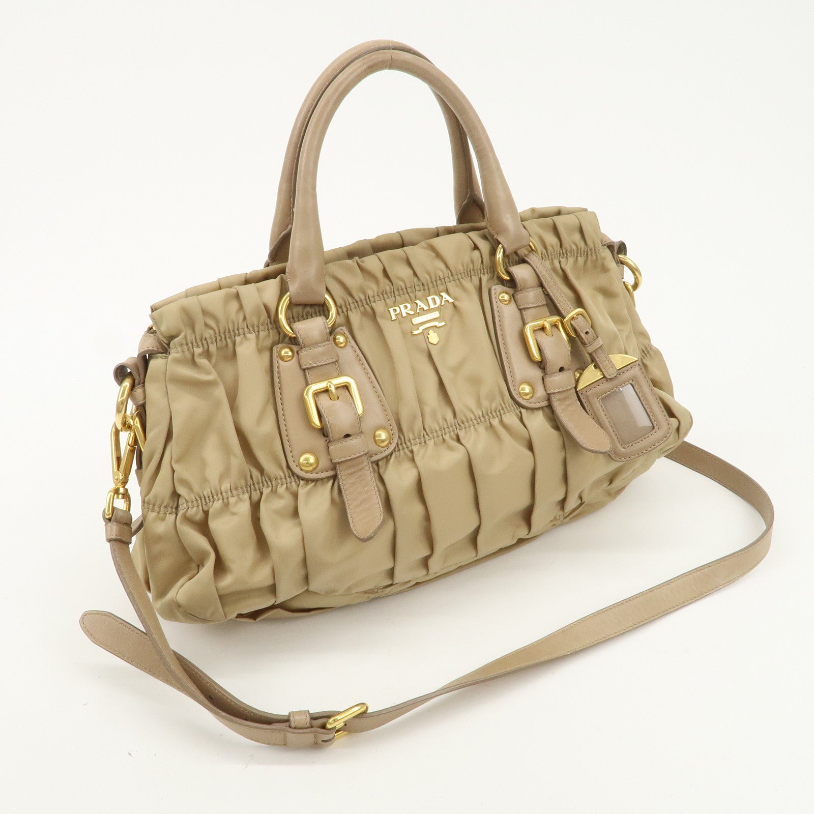 PRADA Logo Nylon Leather 2Way Shoulder Bag Hand Bag Beige BN1407