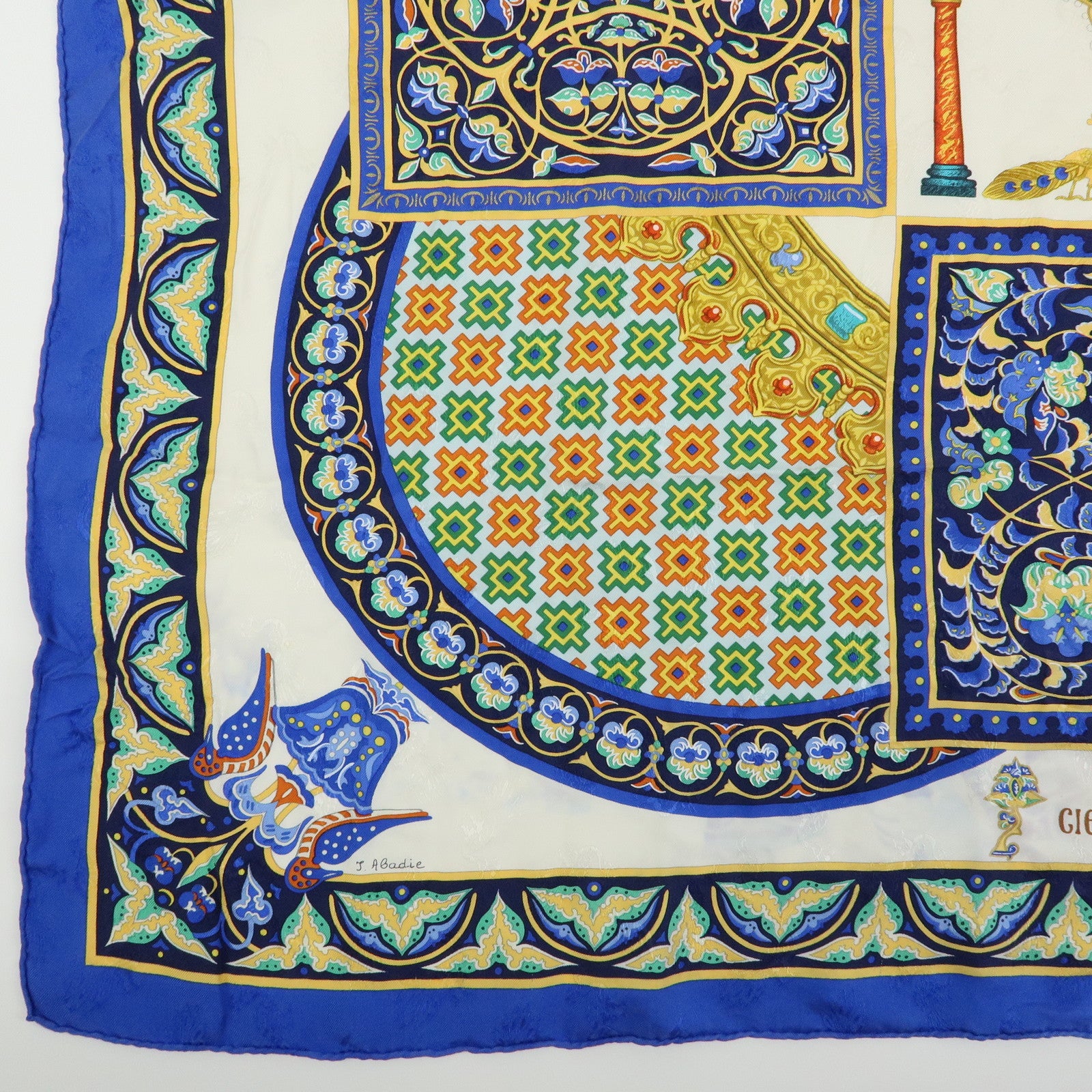 HERMES Carre 90 Silk 100% CIELS BYZANTINS Scarf Blue Gold