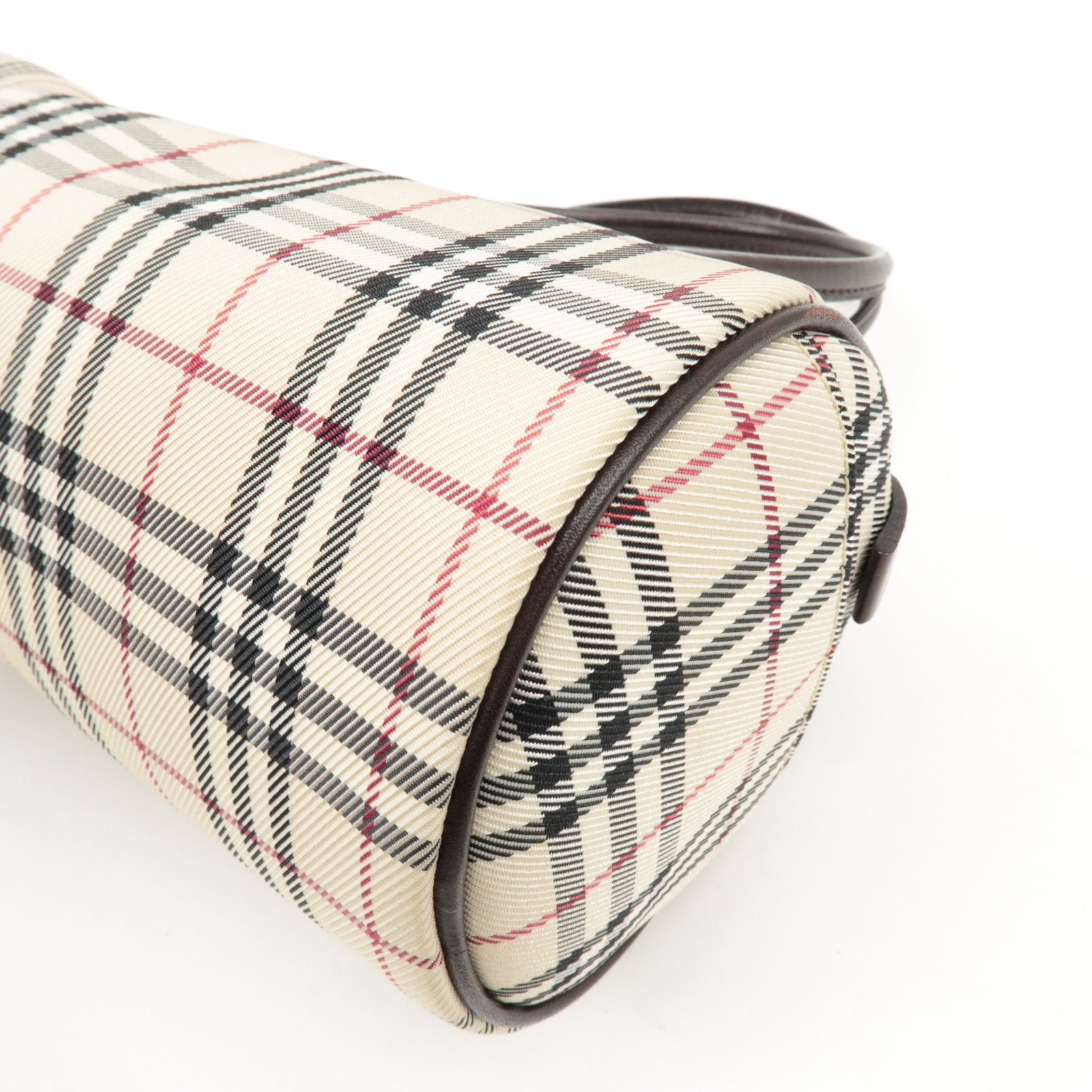 BURBERRY Leather Canvas Hand Bag Nova Plaid Beige Brown Used