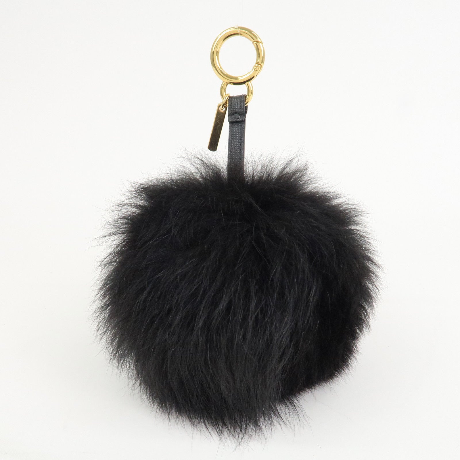 FENDI Fur Leather Pom Pom Bag Charm Key Chain Black